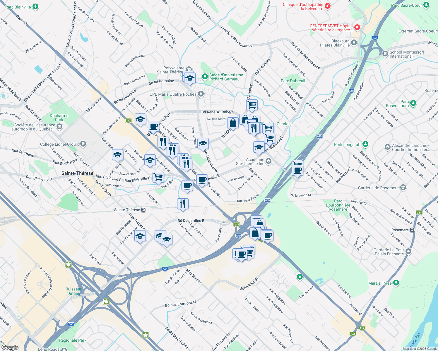 map of restaurants, bars, coffee shops, grocery stores, and more near 285 Rue Blainville Est in Sainte-Thérèse