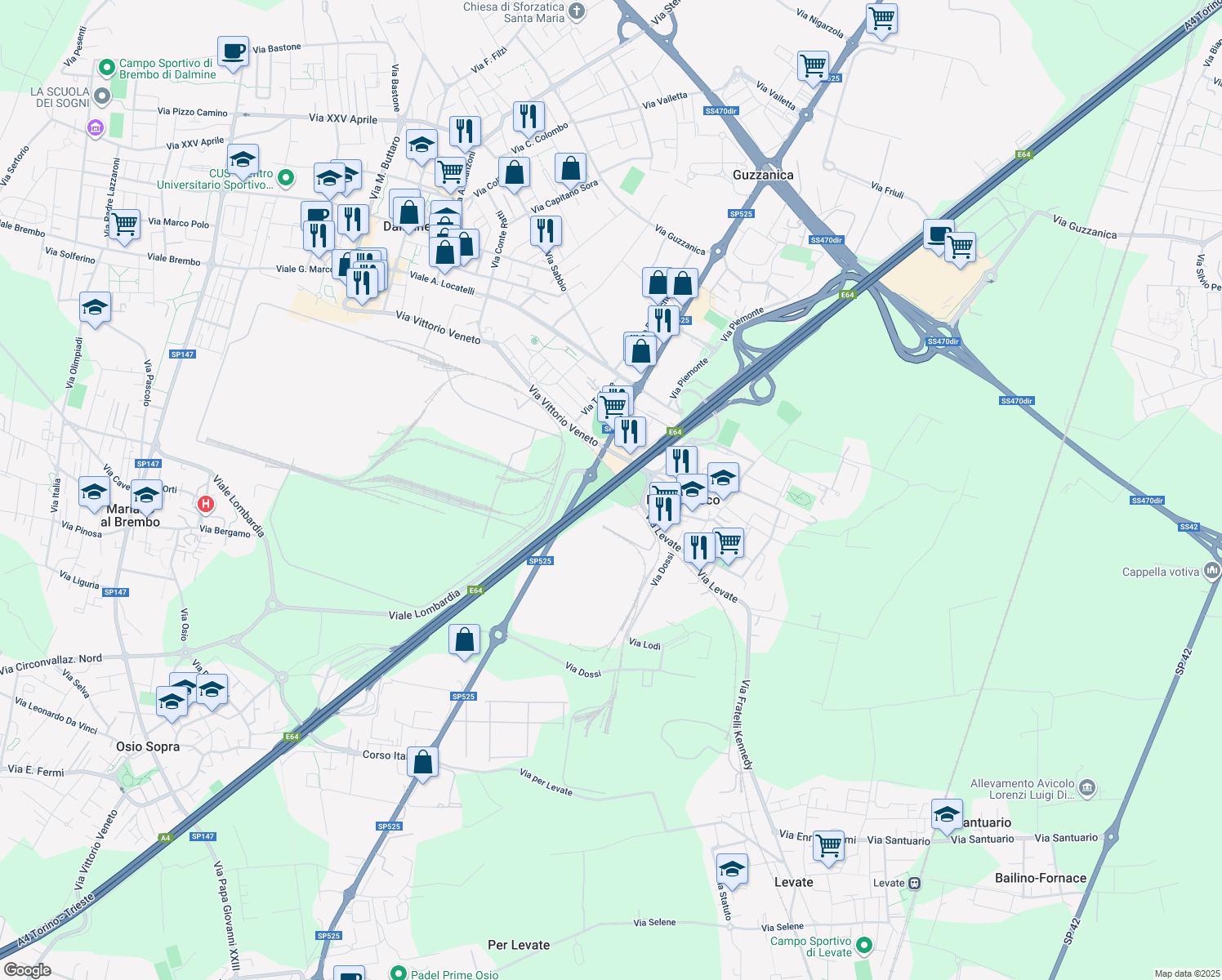 map of restaurants, bars, coffee shops, grocery stores, and more near Autostrada Serenissima in Brescia