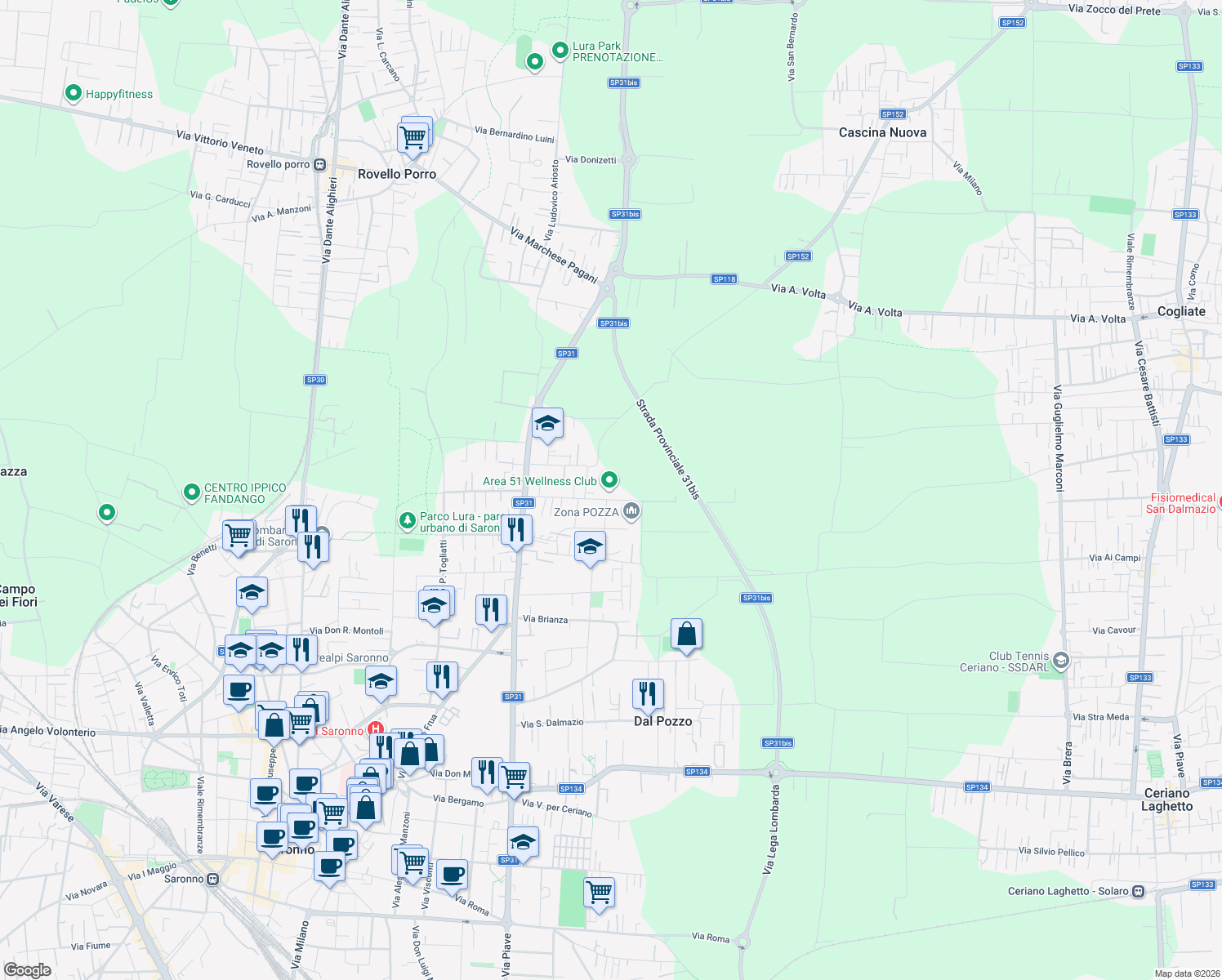 map of restaurants, bars, coffee shops, grocery stores, and more near in Saronno