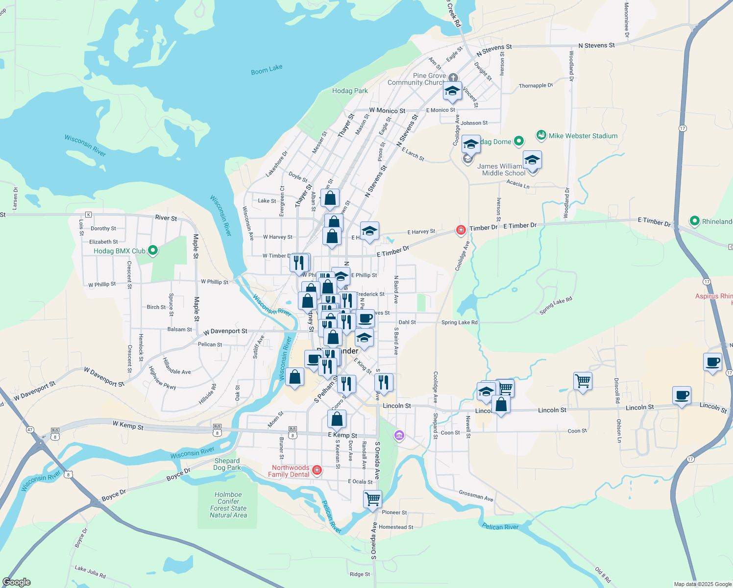 map of restaurants, bars, coffee shops, grocery stores, and more near 127 East Frederick Street in Rhinelander