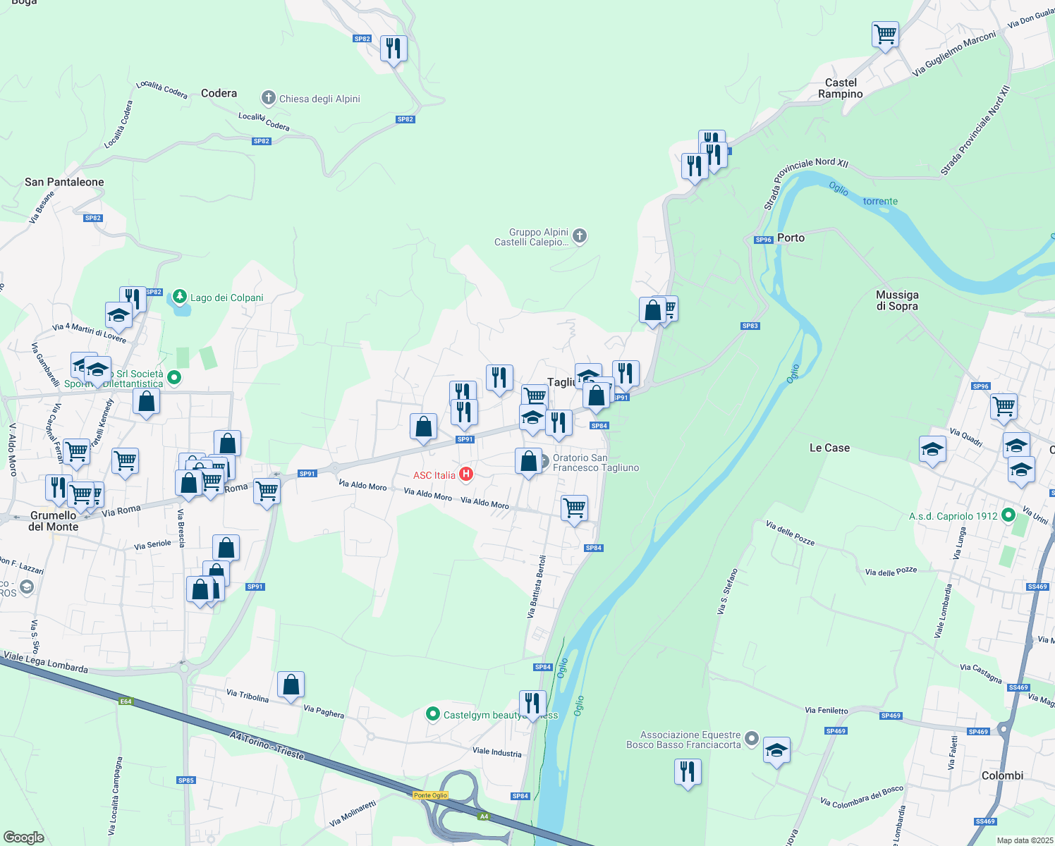 map of restaurants, bars, coffee shops, grocery stores, and more near 3 Vicolo Pagani Fratelli in Castelli Calepio