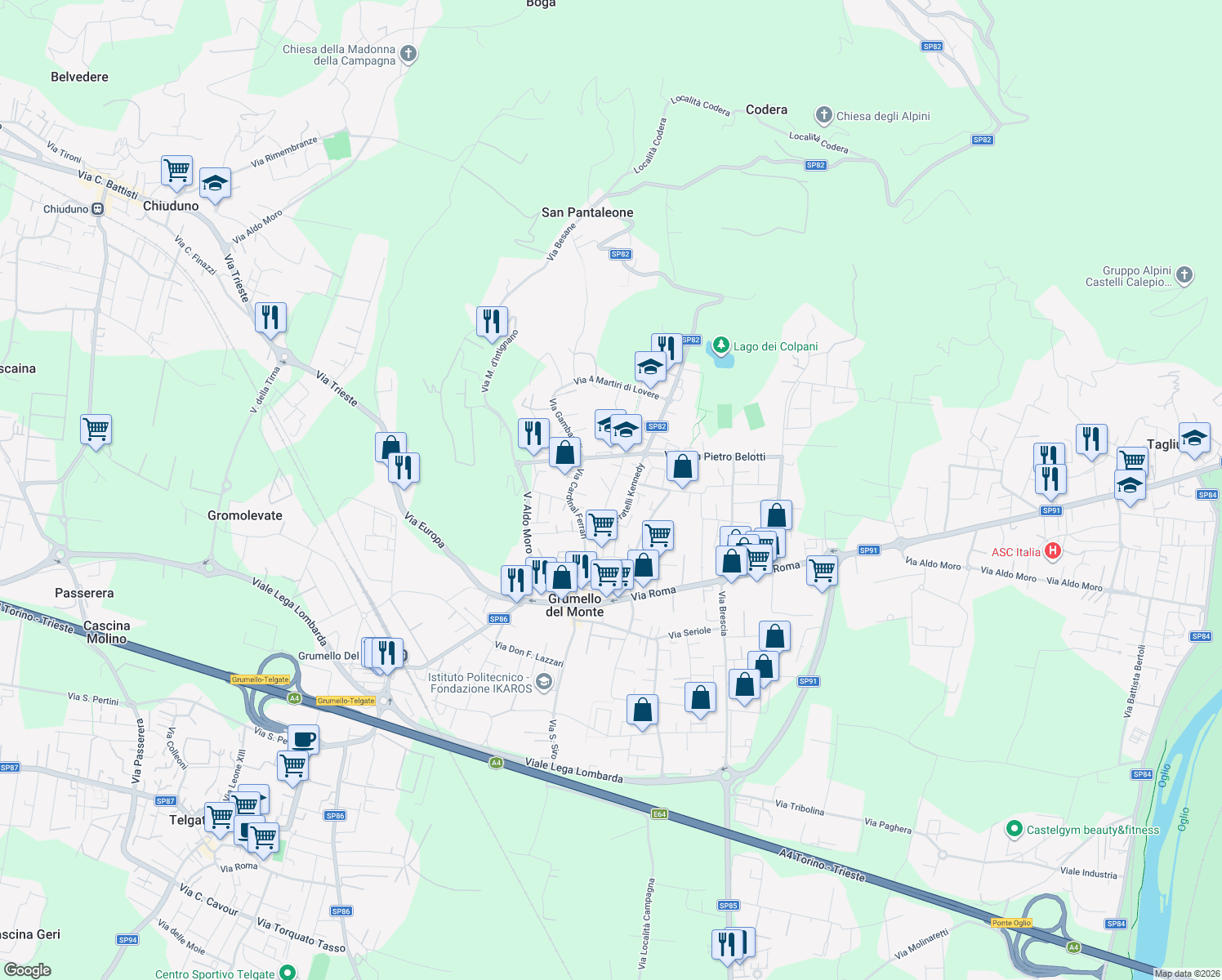 map of restaurants, bars, coffee shops, grocery stores, and more near 25 Via Medaglie D'Argento in Grumello del Monte