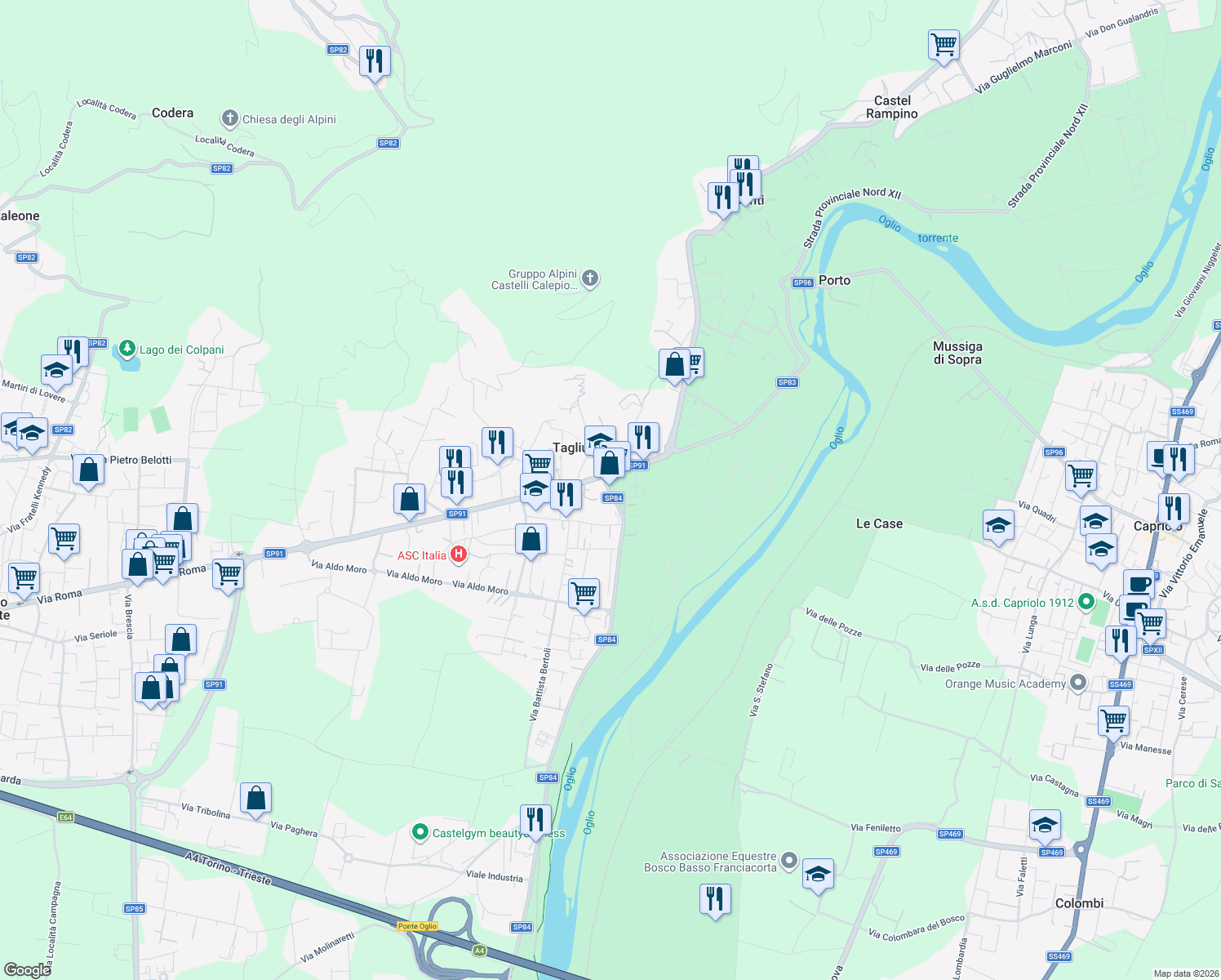map of restaurants, bars, coffee shops, grocery stores, and more near 15 Via Guglielmo Marconi in Castelli Calepio