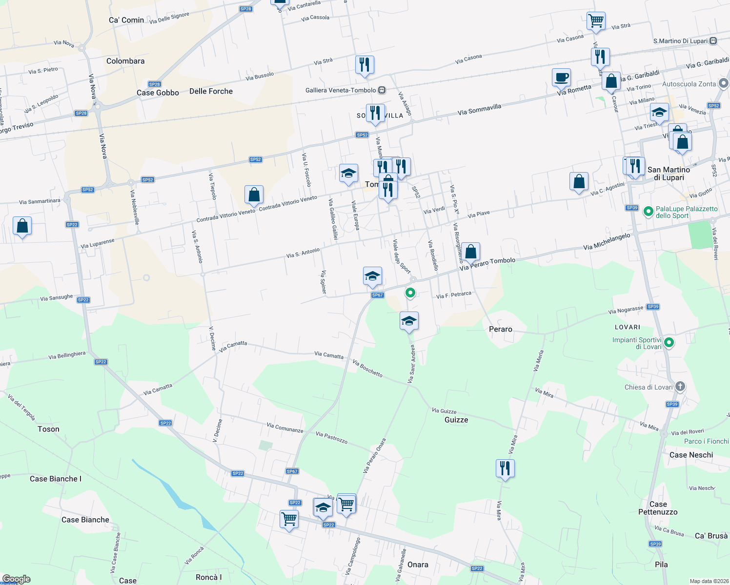 map of restaurants, bars, coffee shops, grocery stores, and more near 44 Via F. Filzi in Tombolo