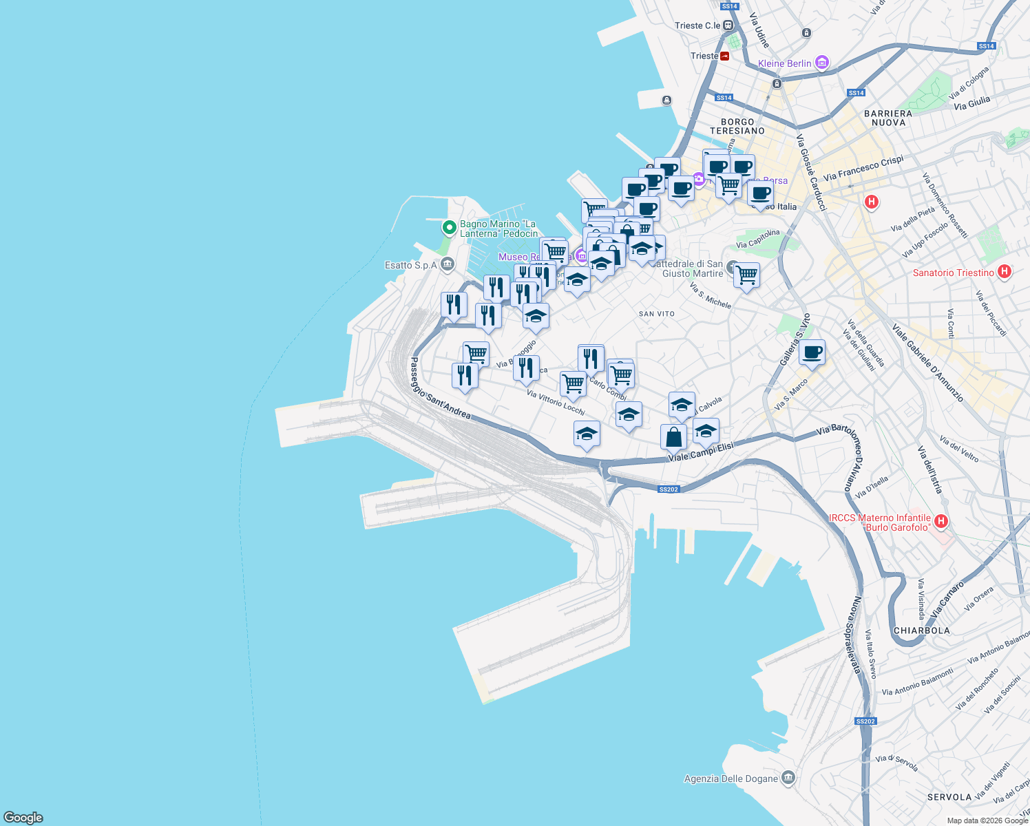 map of restaurants, bars, coffee shops, grocery stores, and more near 1 Largo Ugo Irneri in Trieste