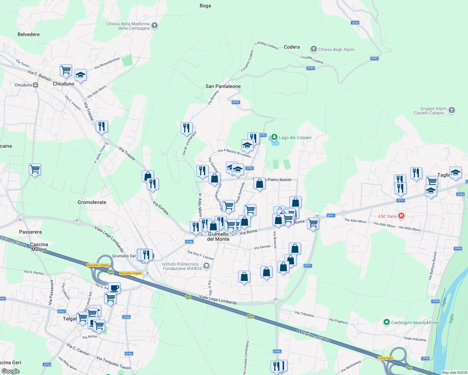 map of restaurants, bars, coffee shops, grocery stores, and more near 25 Via Medaglie D'Argento in Grumello del Monte