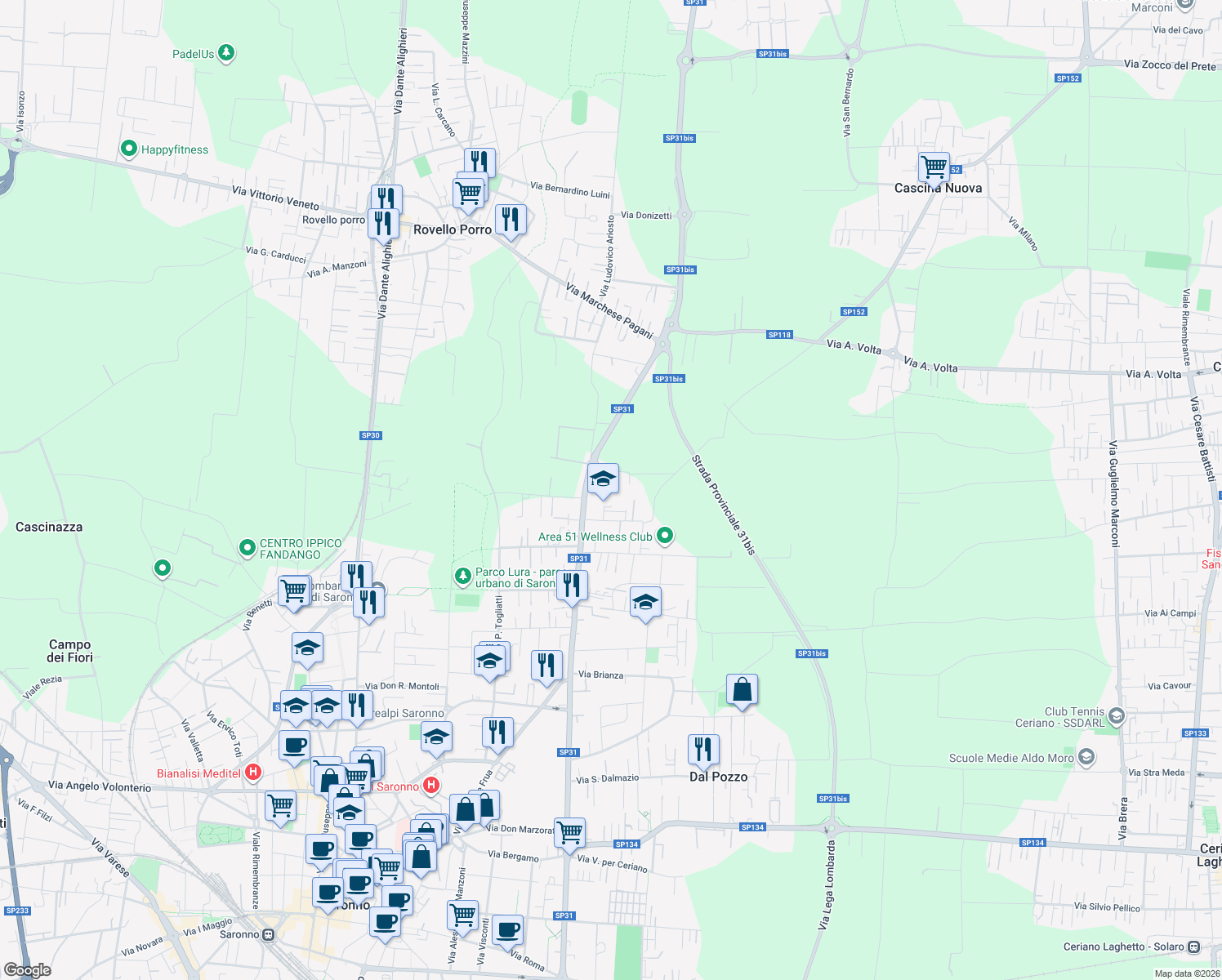 map of restaurants, bars, coffee shops, grocery stores, and more near 51 Via Larga in Saronno