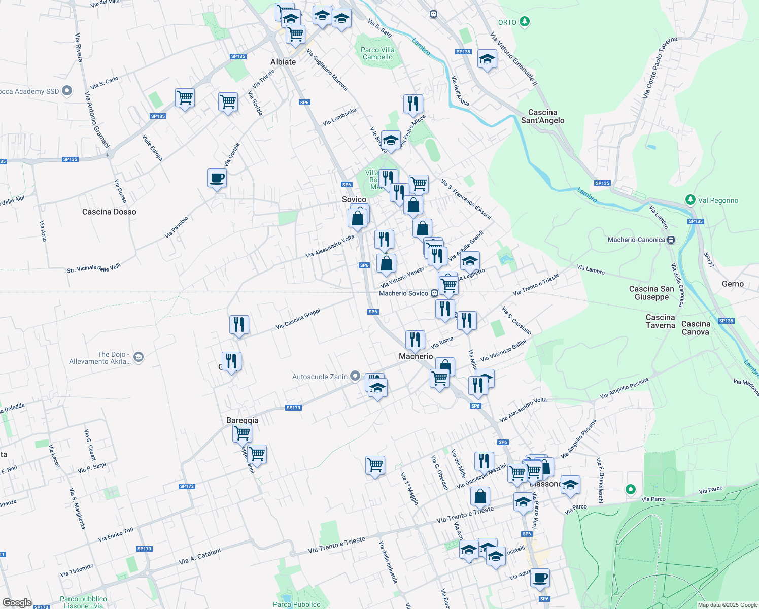 map of restaurants, bars, coffee shops, grocery stores, and more near 10 Via Giacomo Matteotti in Sovico