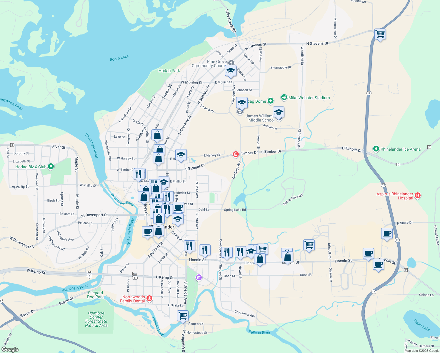 map of restaurants, bars, coffee shops, grocery stores, and more near 321 Ridgeway Drive in Rhinelander