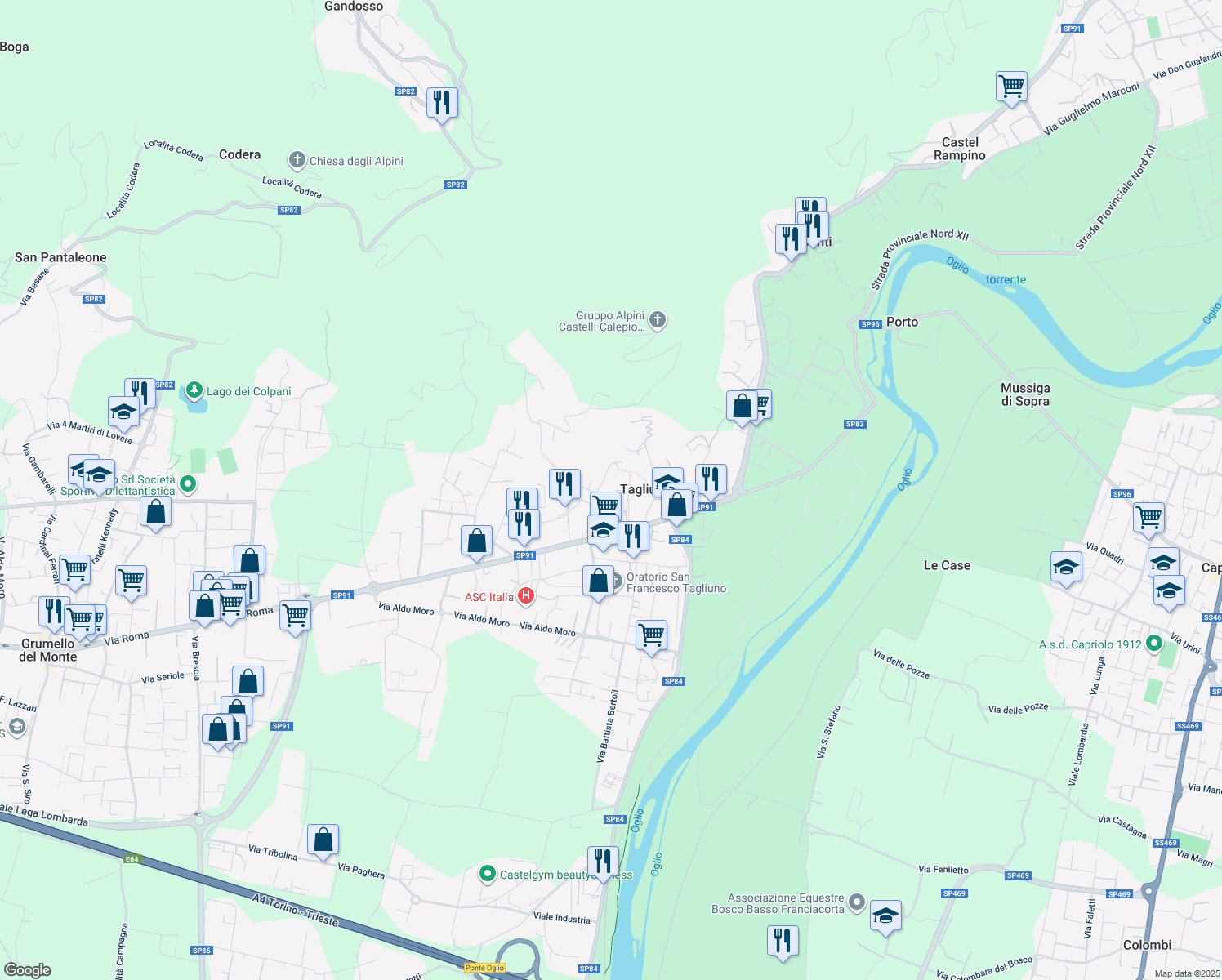map of restaurants, bars, coffee shops, grocery stores, and more near 12 Via Monte Grappa in Castelli Calepio