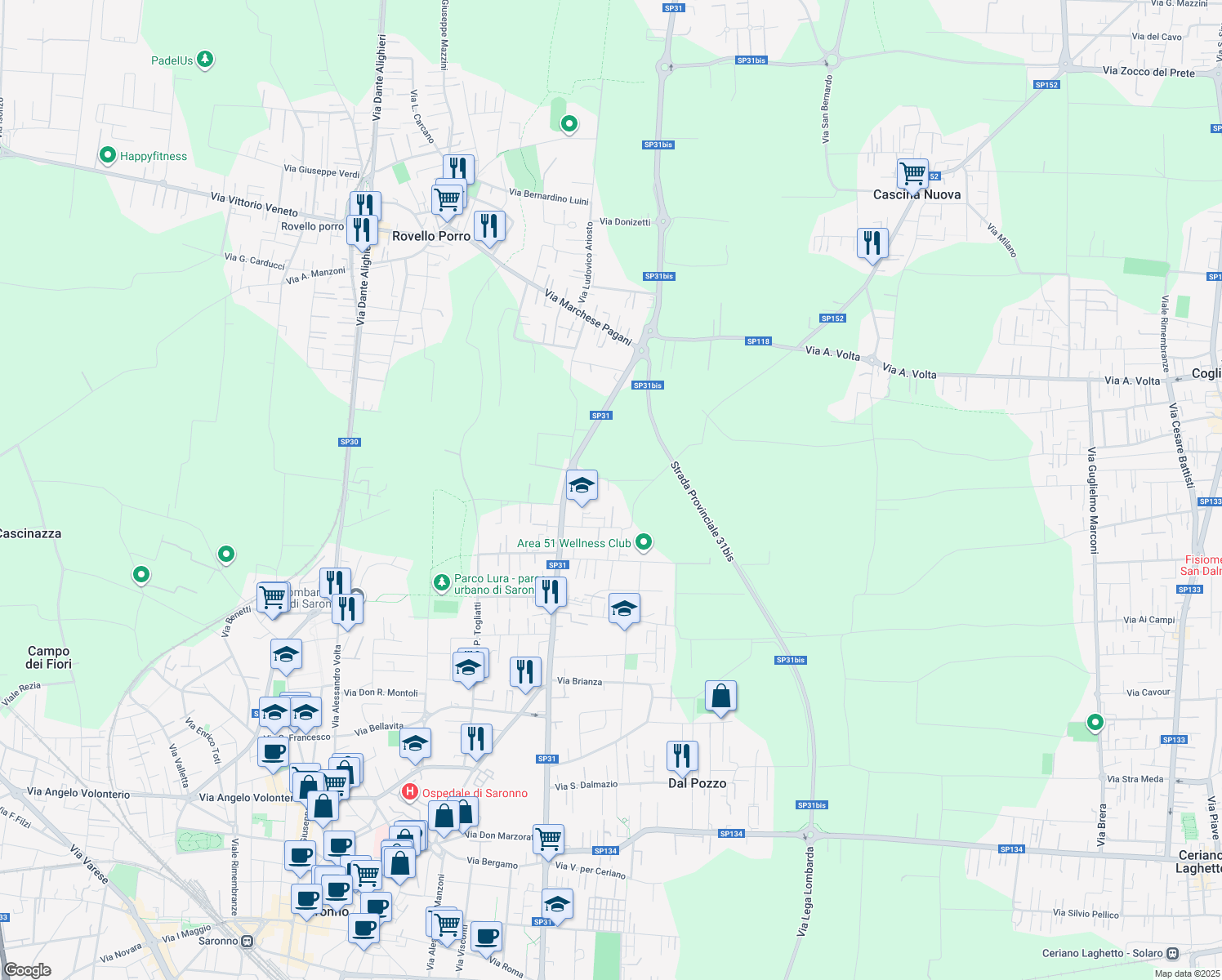 map of restaurants, bars, coffee shops, grocery stores, and more near 51 Via Larga in Saronno