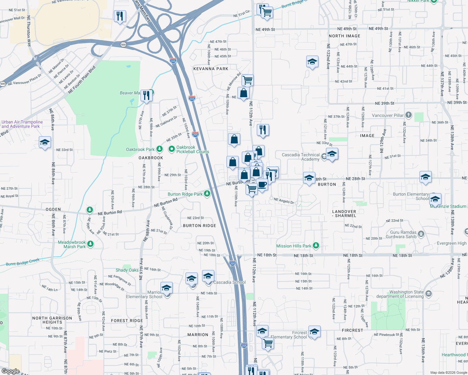map of restaurants, bars, coffee shops, grocery stores, and more near 2706 Northeast 110th Avenue in Vancouver