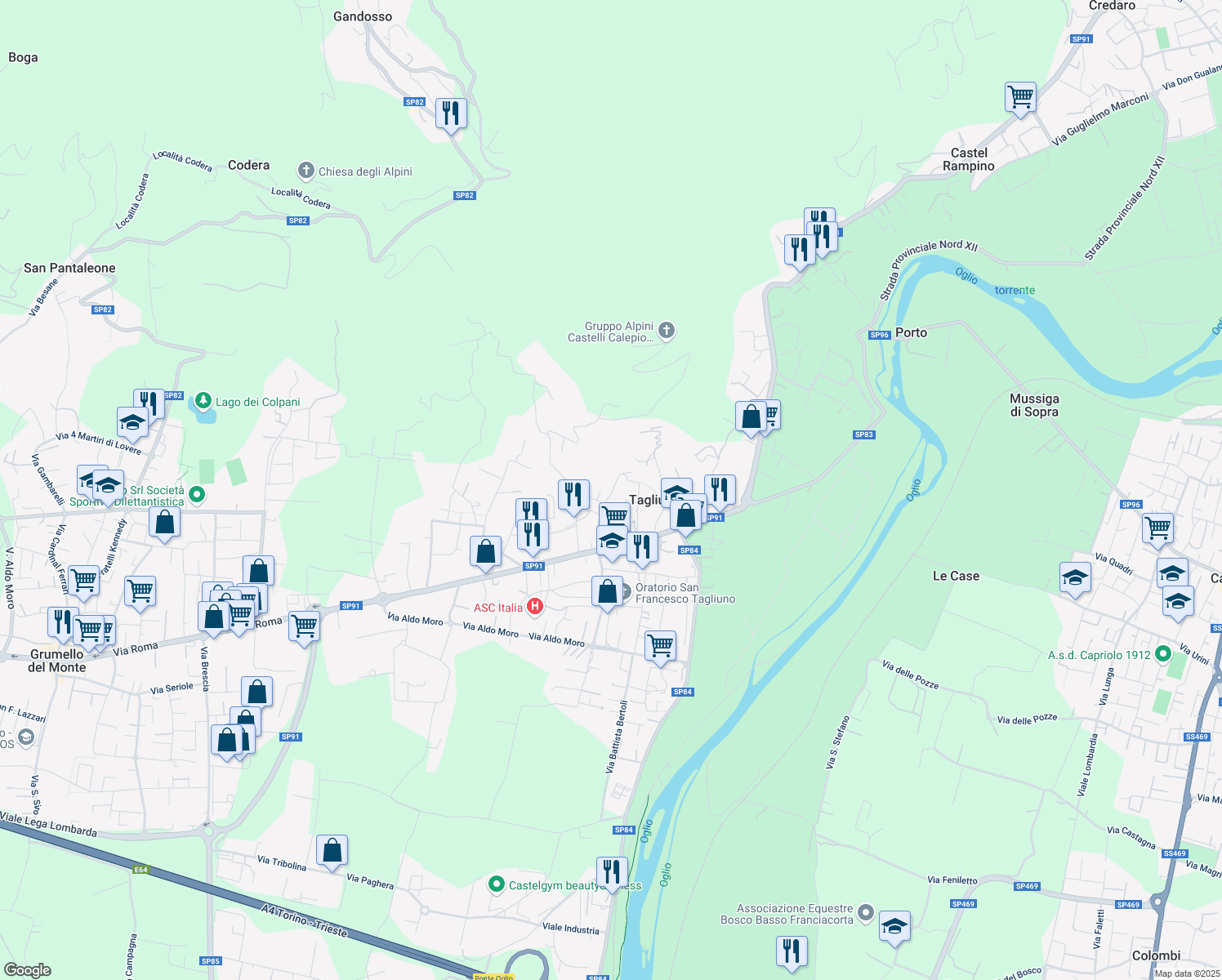 map of restaurants, bars, coffee shops, grocery stores, and more near 12 Via Monte Grappa in Castelli Calepio