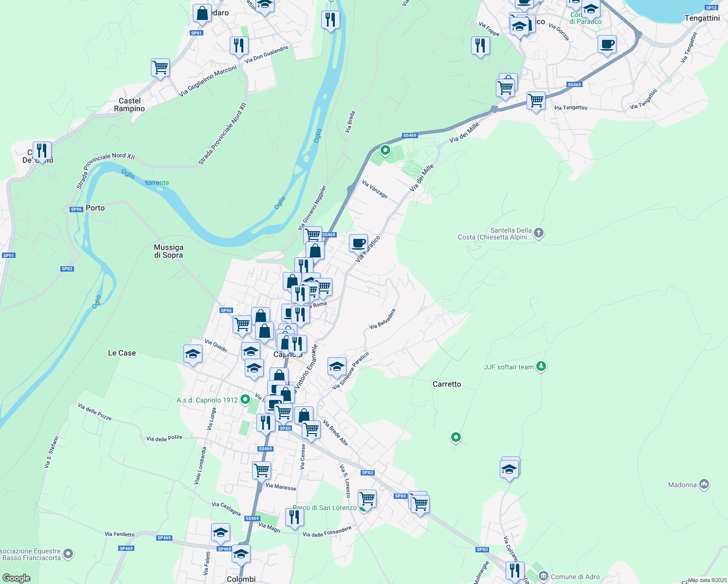 map of restaurants, bars, coffee shops, grocery stores, and more near 14 Via Dante Alighieri in Capriolo