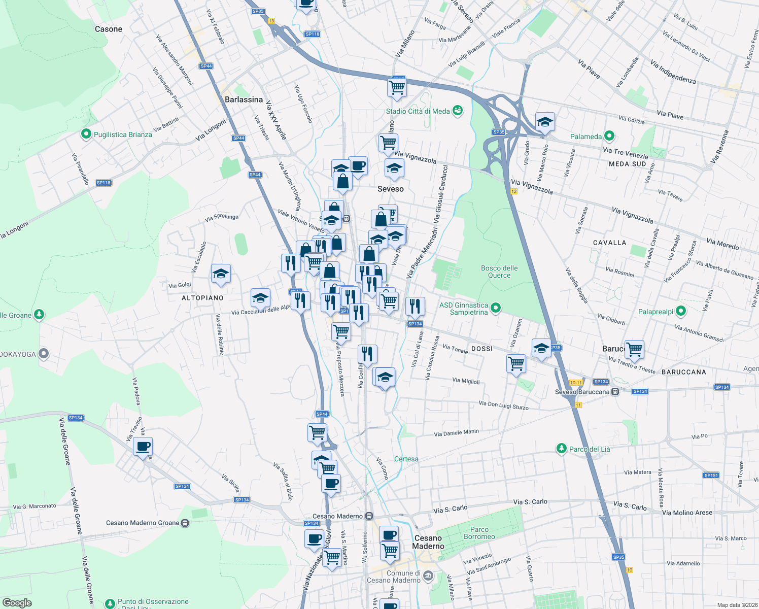 map of restaurants, bars, coffee shops, grocery stores, and more near 11 Via Damiano Chiesa in Seveso