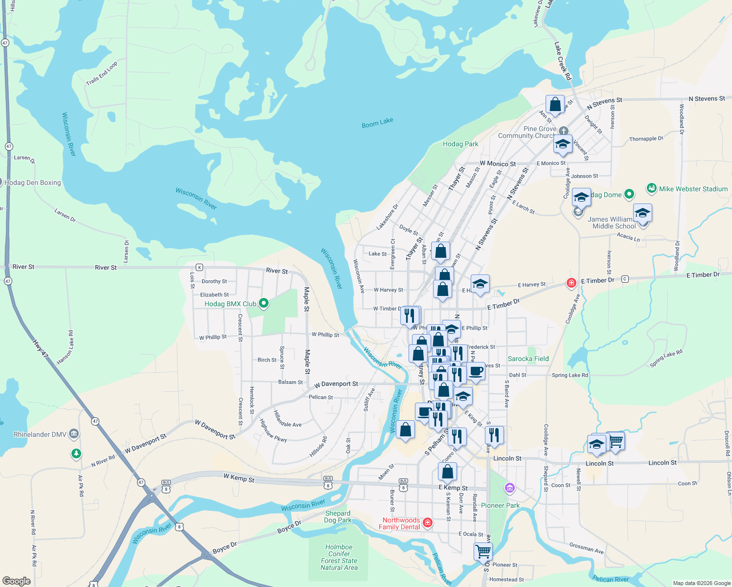 map of restaurants, bars, coffee shops, grocery stores, and more near 432 Wisconsin Avenue in Rhinelander