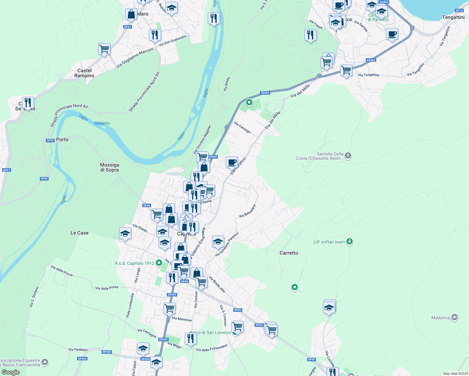 map of restaurants, bars, coffee shops, grocery stores, and more near 14 Via Dante Alighieri in Capriolo