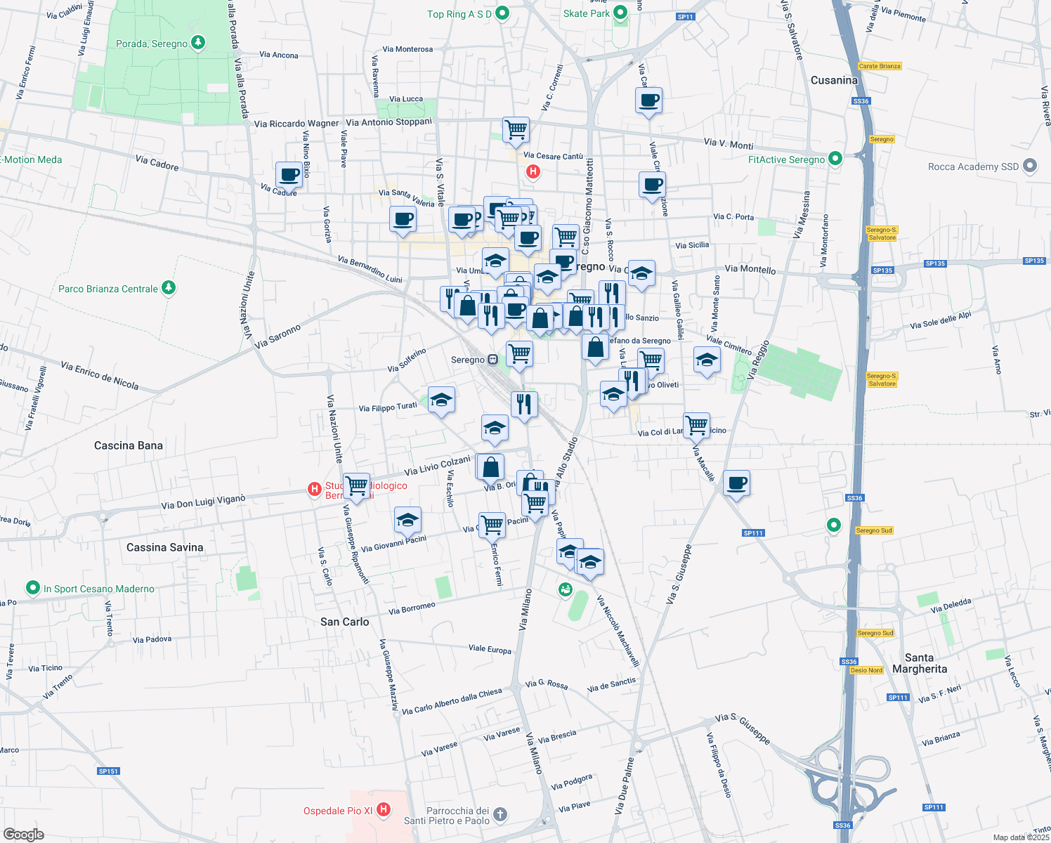 map of restaurants, bars, coffee shops, grocery stores, and more near 4 Via Visconti in Seregno