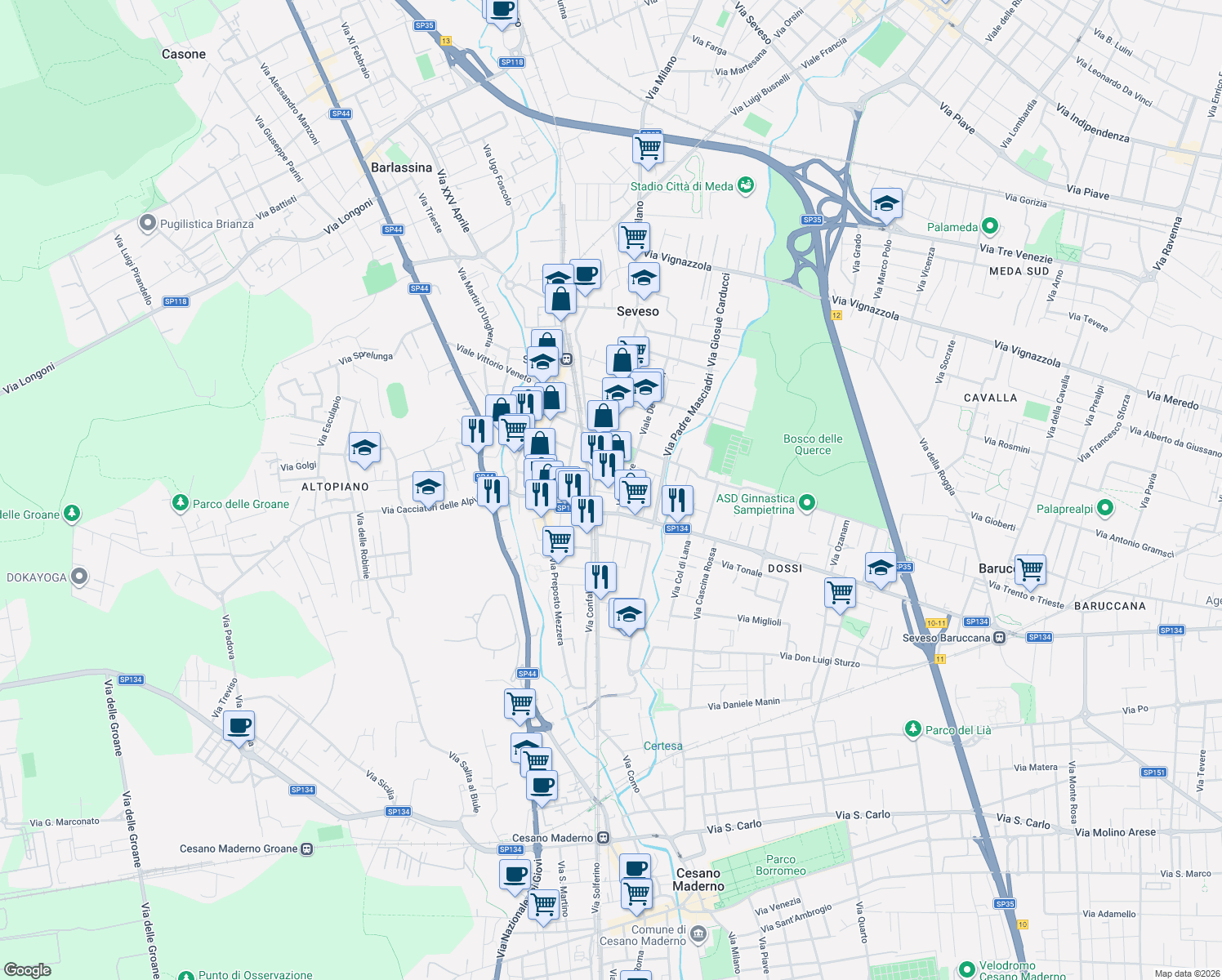 map of restaurants, bars, coffee shops, grocery stores, and more near 11 Via Damiano Chiesa in Seveso