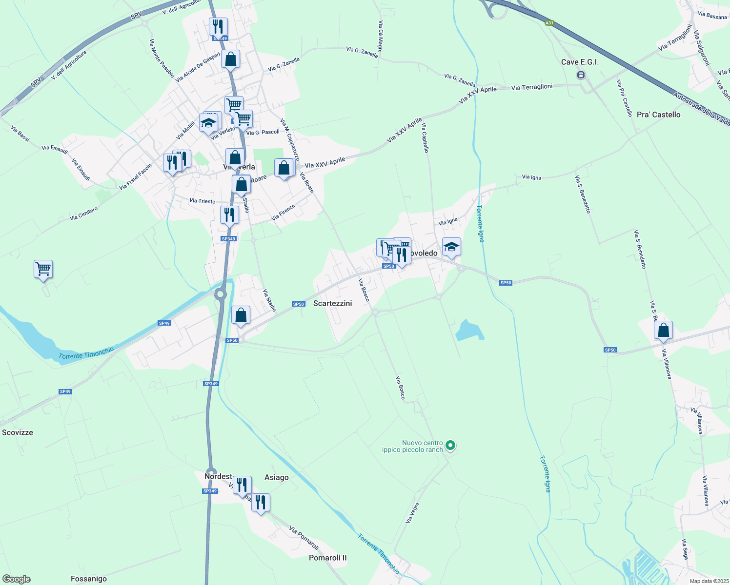map of restaurants, bars, coffee shops, grocery stores, and more near 6 Via Bosco in Novoledo