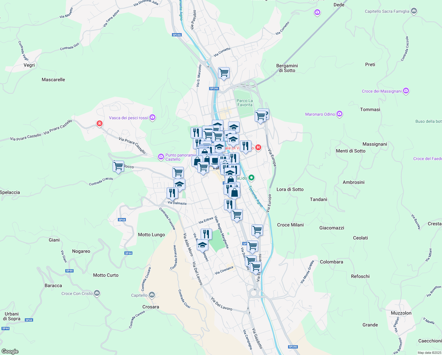map of restaurants, bars, coffee shops, grocery stores, and more near Via San Lorenzo in Valdagno
