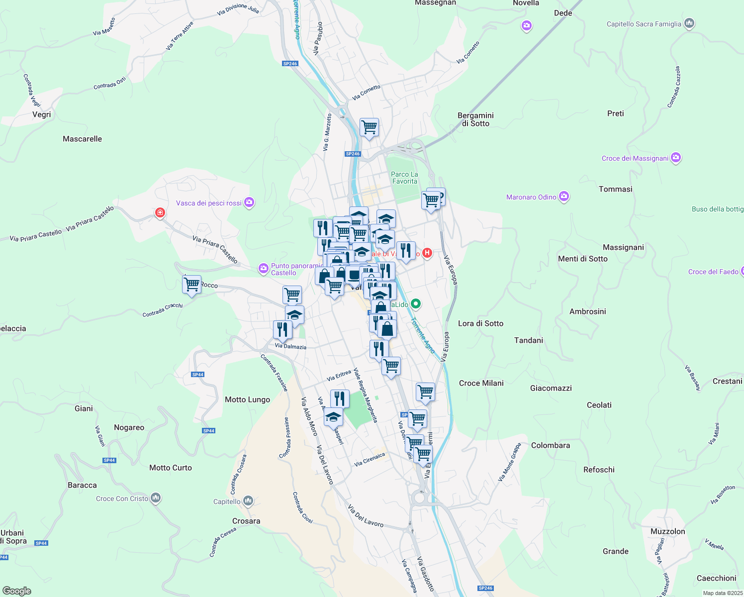 map of restaurants, bars, coffee shops, grocery stores, and more near Via San Lorenzo in Valdagno