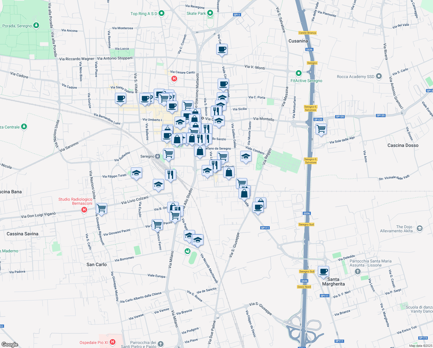map of restaurants, bars, coffee shops, grocery stores, and more near 5 Via Ugo Foscolo in Seregno