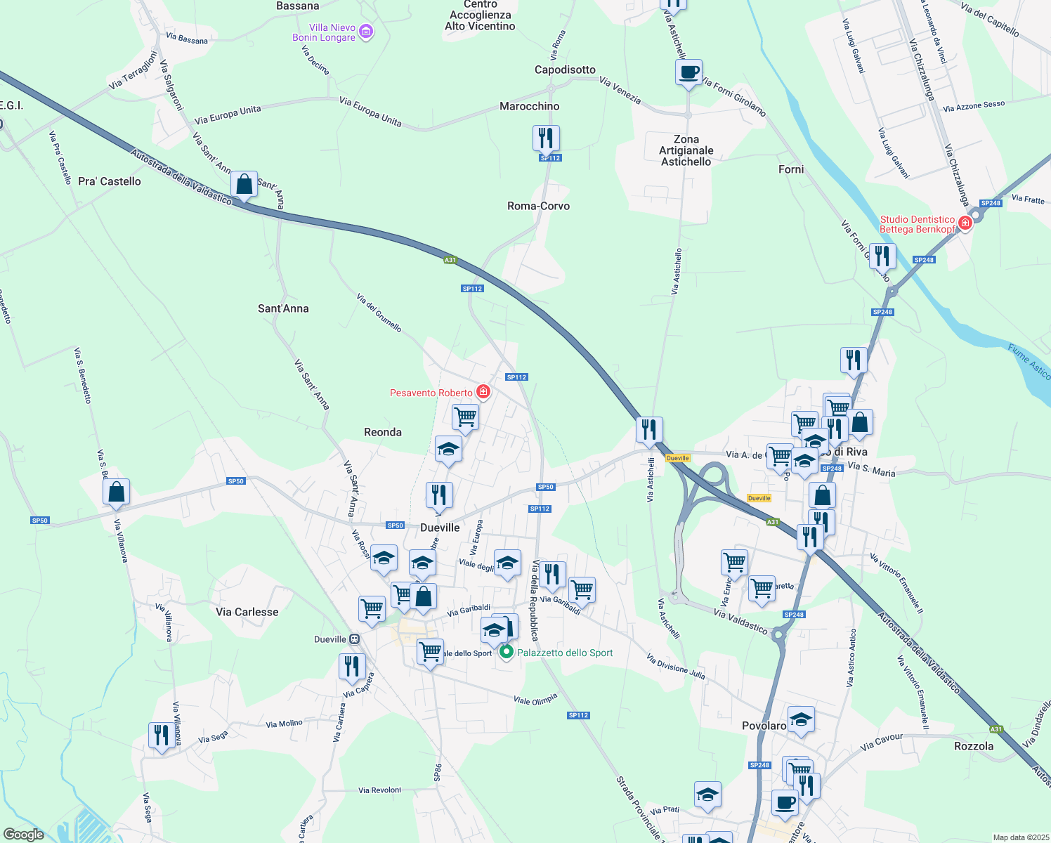 map of restaurants, bars, coffee shops, grocery stores, and more near 16 Via della Cà Bassa in Dueville