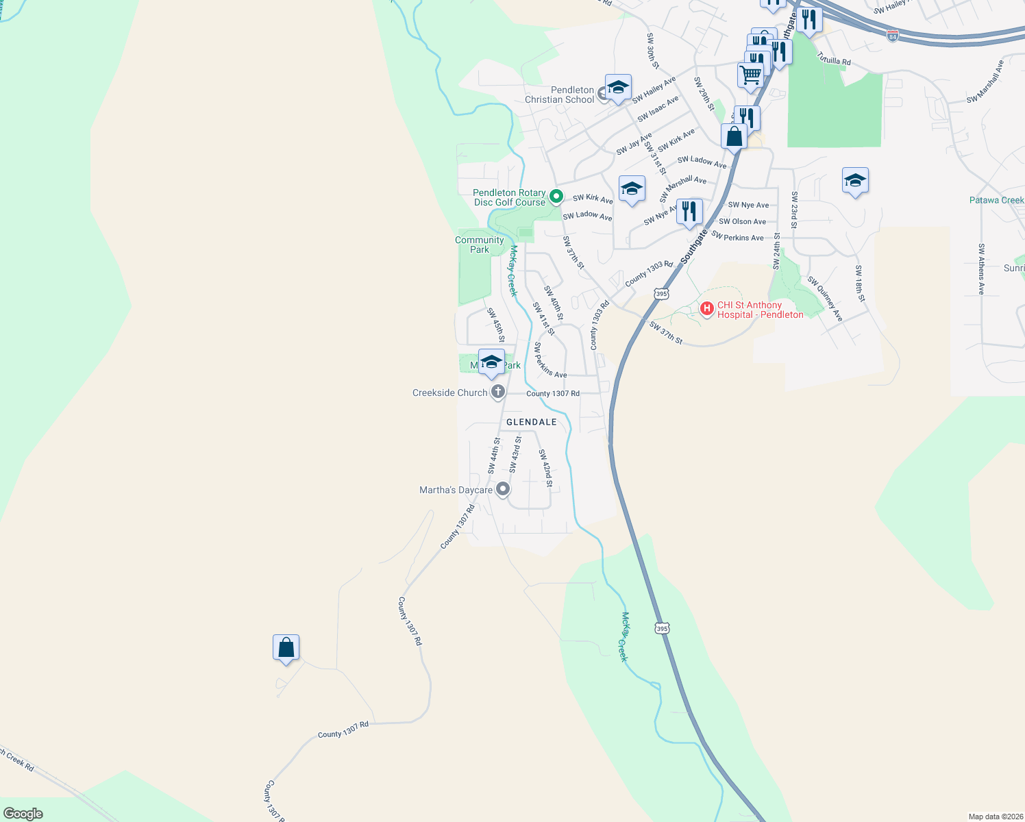 map of restaurants, bars, coffee shops, grocery stores, and more near 4297 Southwest Runnion Court in Pendleton