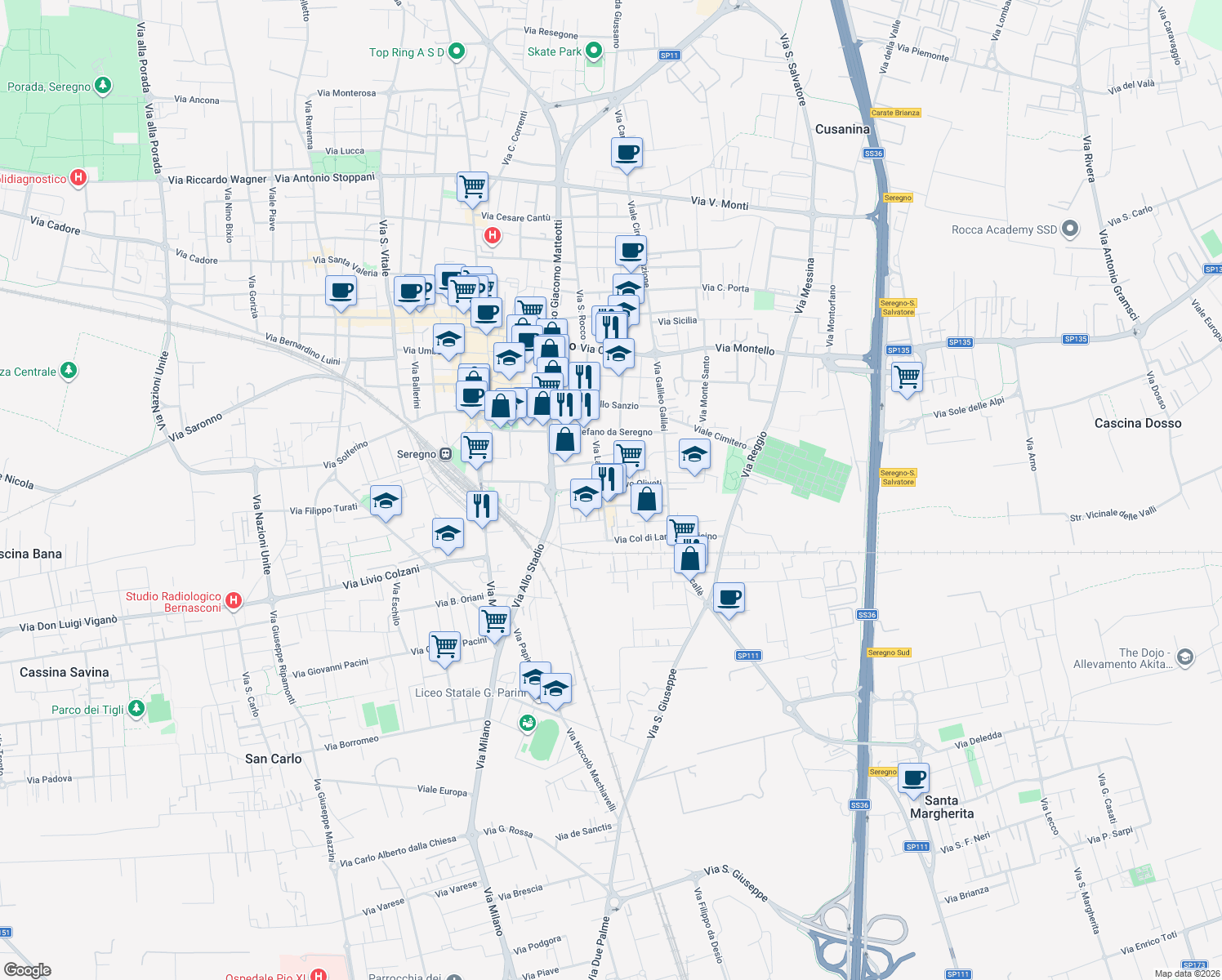 map of restaurants, bars, coffee shops, grocery stores, and more near 1 Via Ivo Oliveti in Seregno