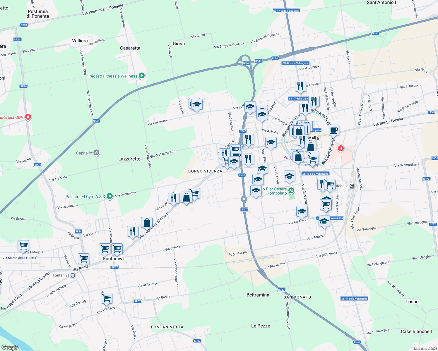 map of restaurants, bars, coffee shops, grocery stores, and more near 25 Via U. Foscolo in Cittadella