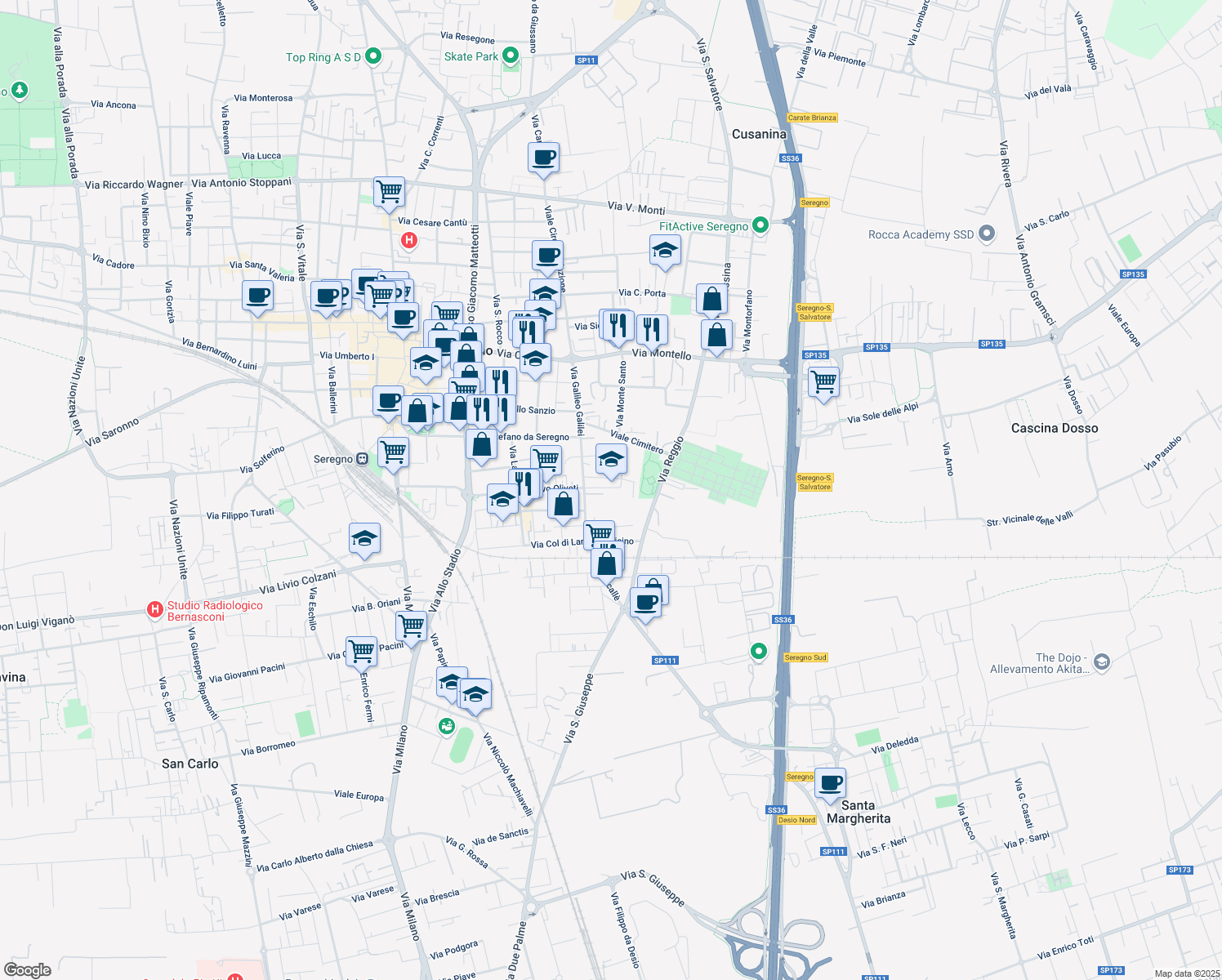 map of restaurants, bars, coffee shops, grocery stores, and more near 6 Via Sant'Antonio in Seregno