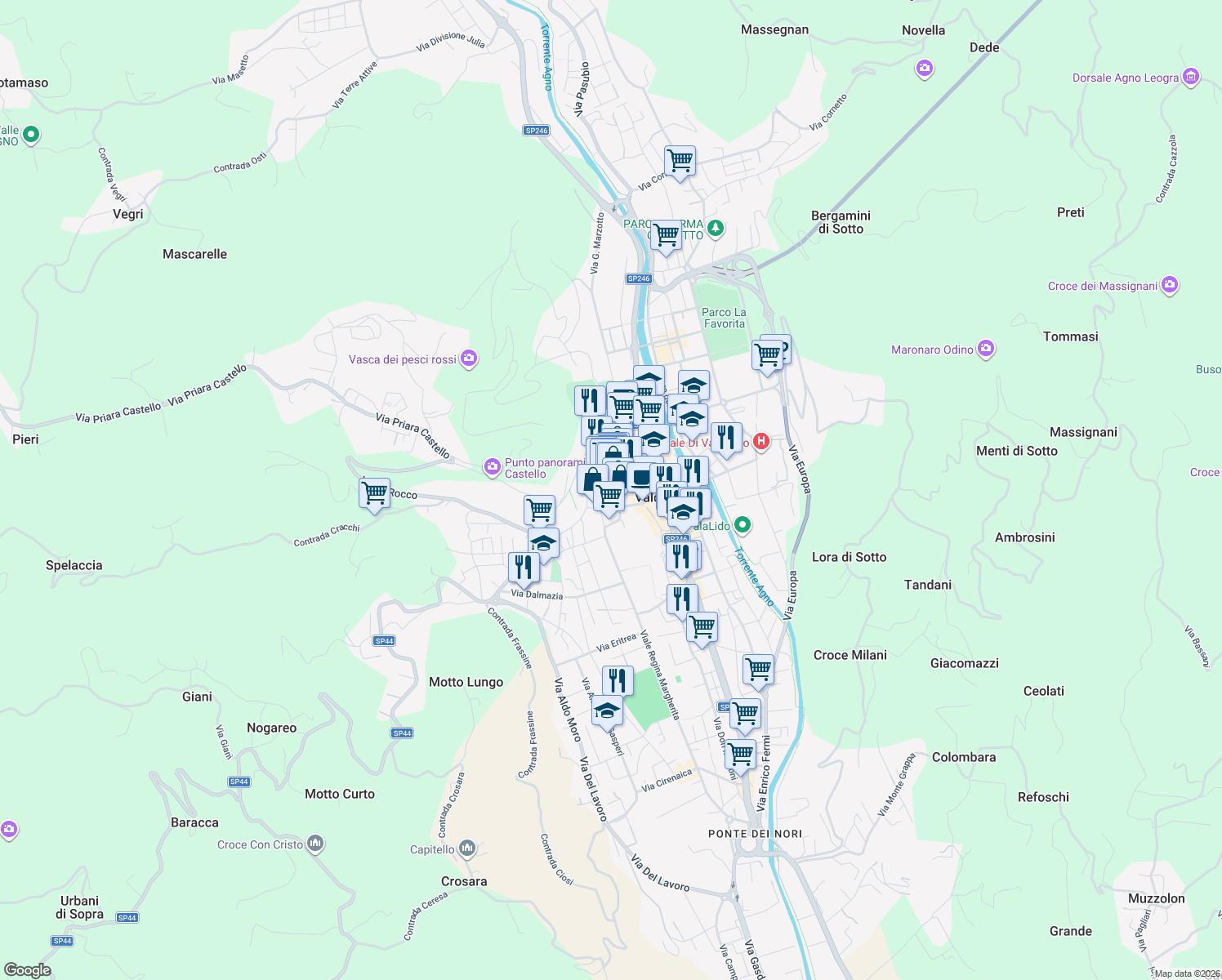 map of restaurants, bars, coffee shops, grocery stores, and more near 1 Piazza del Comune in Valdagno