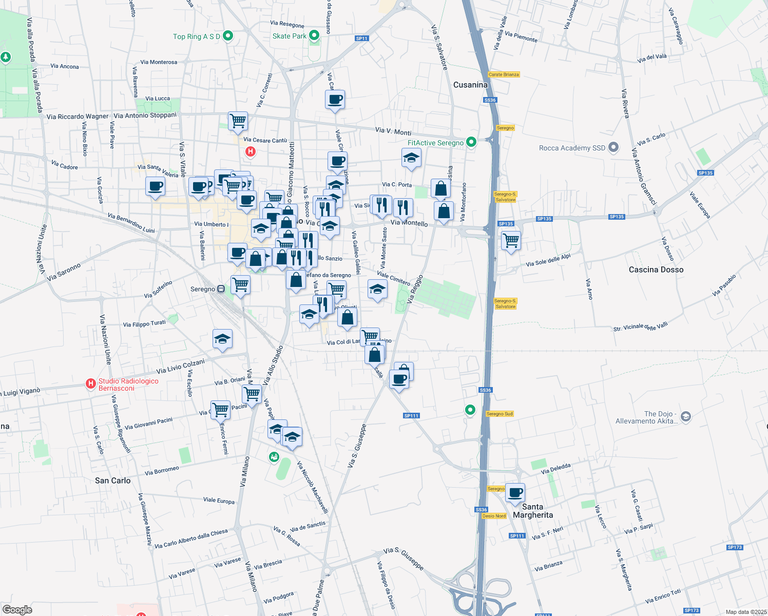 map of restaurants, bars, coffee shops, grocery stores, and more near 6 Via Sant'Antonio in Seregno