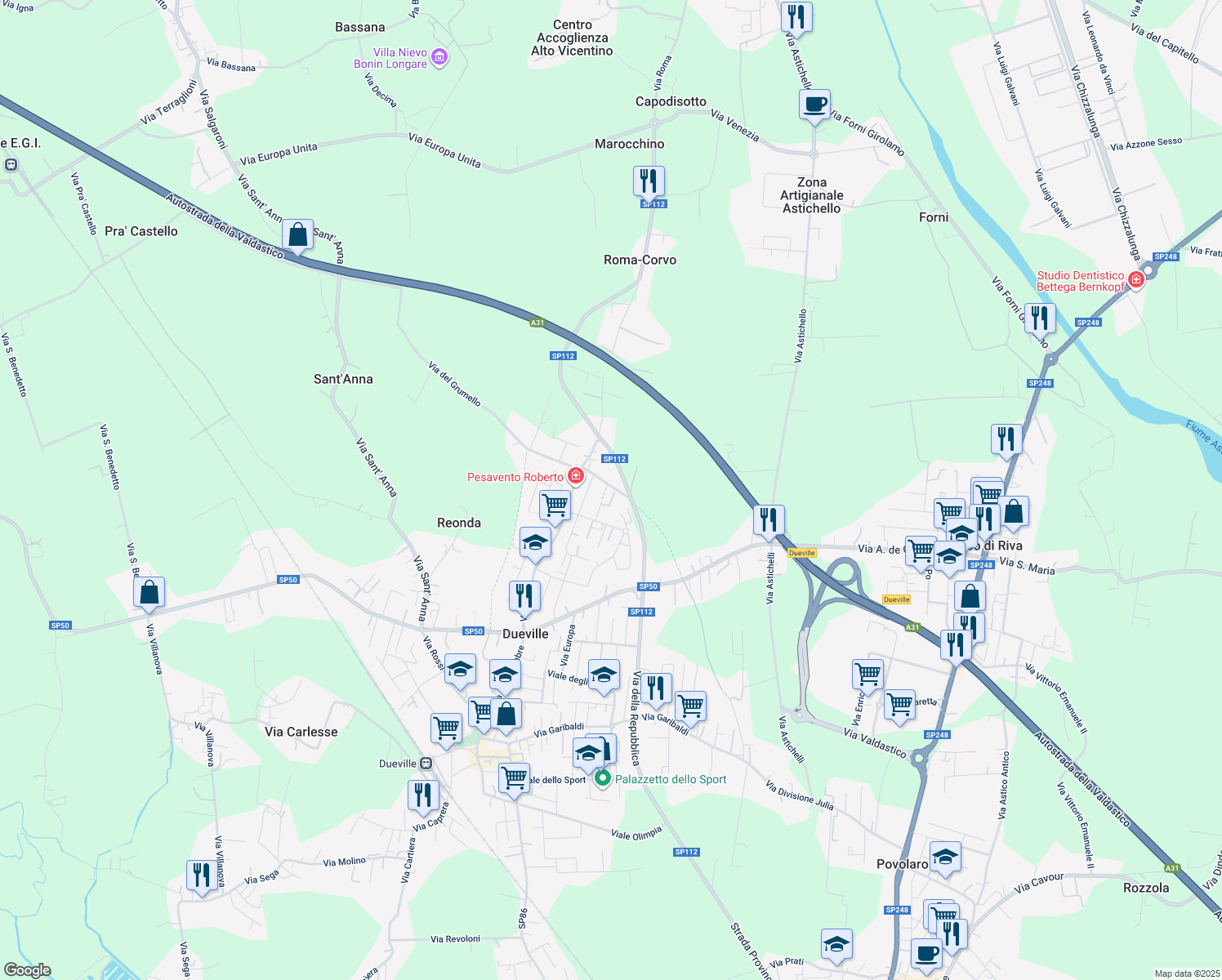 map of restaurants, bars, coffee shops, grocery stores, and more near 16 Via della Cà Bassa in Dueville