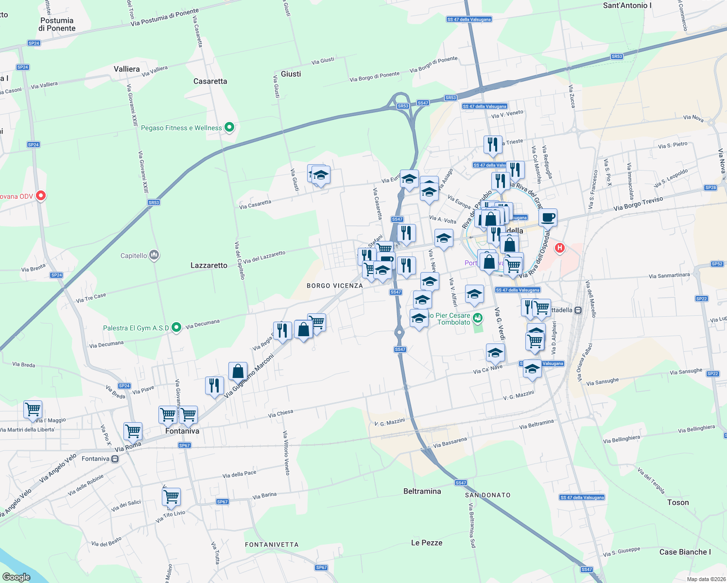 map of restaurants, bars, coffee shops, grocery stores, and more near 25 Via U. Foscolo in Cittadella