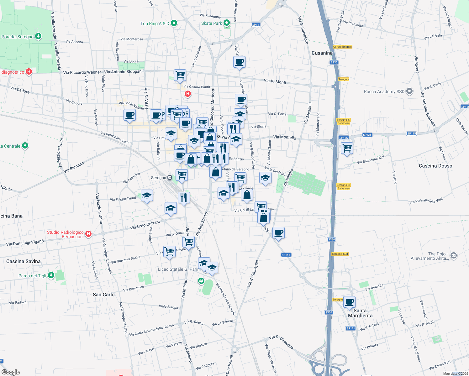 map of restaurants, bars, coffee shops, grocery stores, and more near 1 Via Ivo Oliveti in Seregno