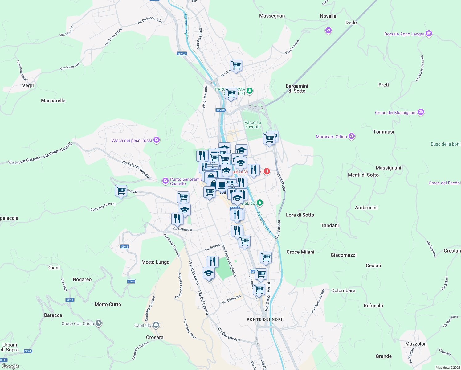 map of restaurants, bars, coffee shops, grocery stores, and more near in Valdagno