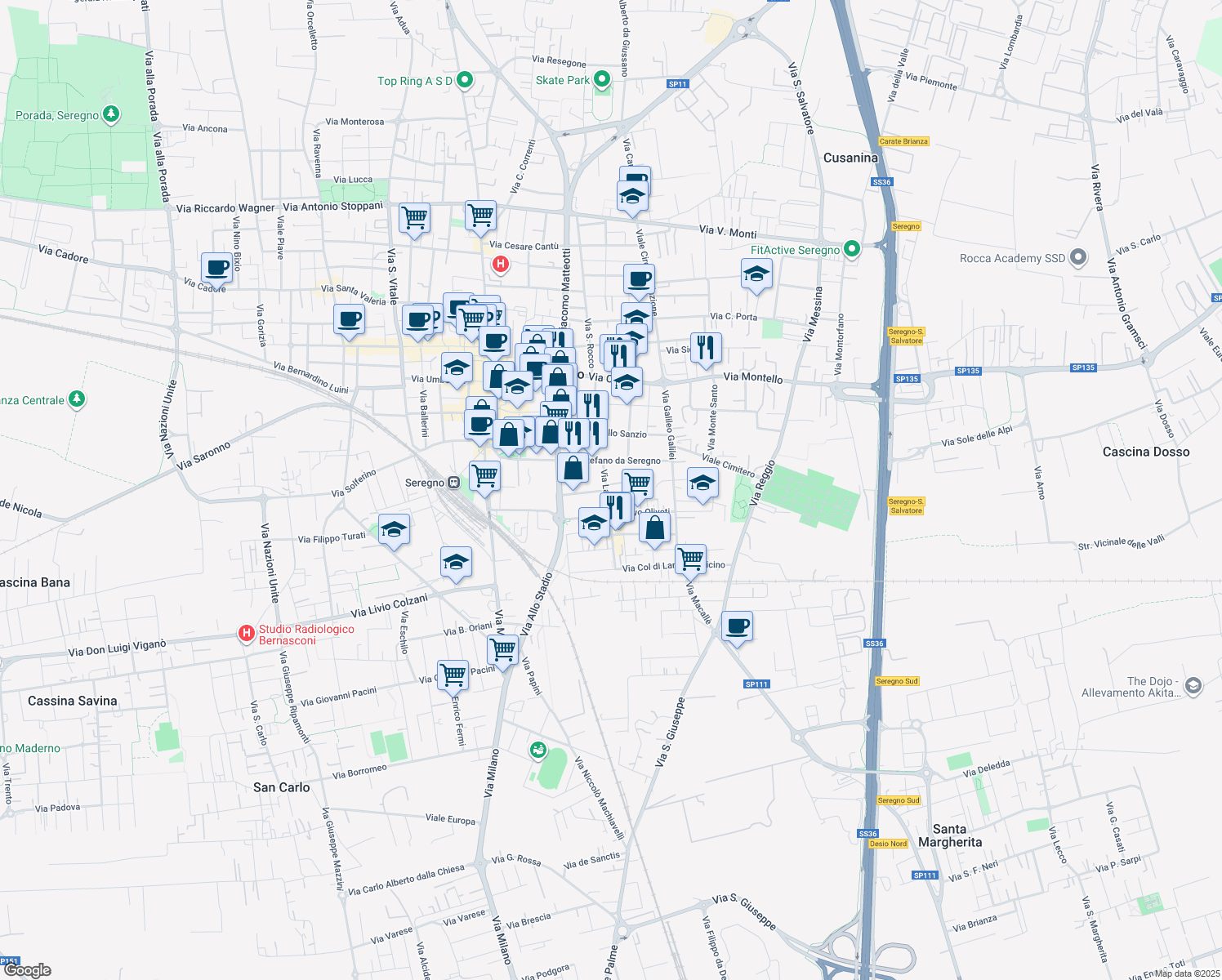 map of restaurants, bars, coffee shops, grocery stores, and more near 61 Via Stefano da Seregno in Seregno