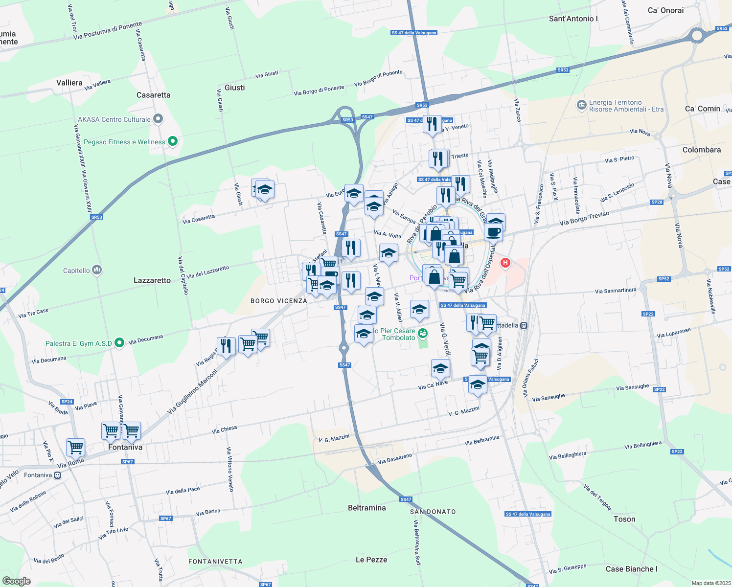 map of restaurants, bars, coffee shops, grocery stores, and more near 18 Via Ippolito Nievo in Cittadella