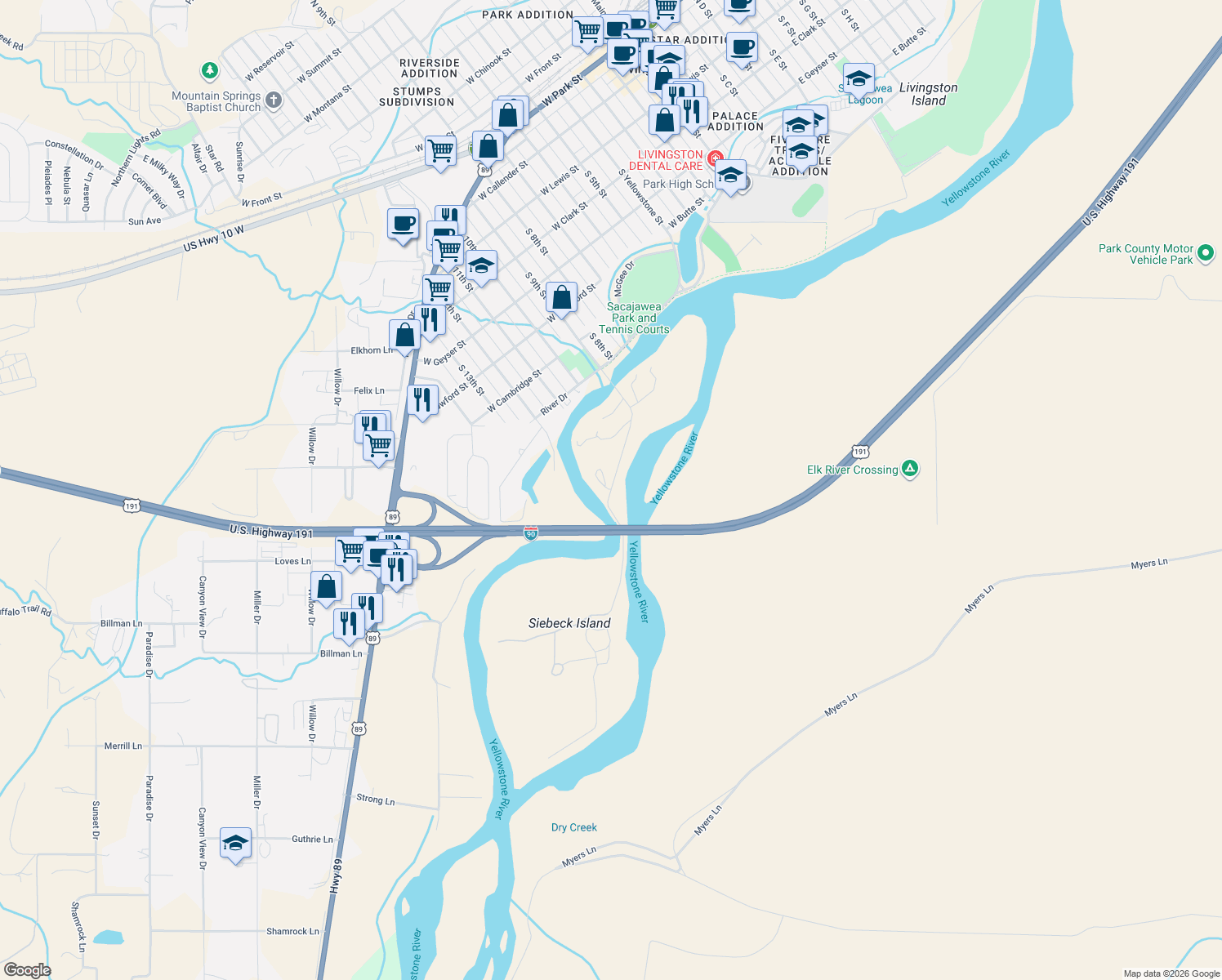 map of restaurants, bars, coffee shops, grocery stores, and more near 9th St Island in Livingston