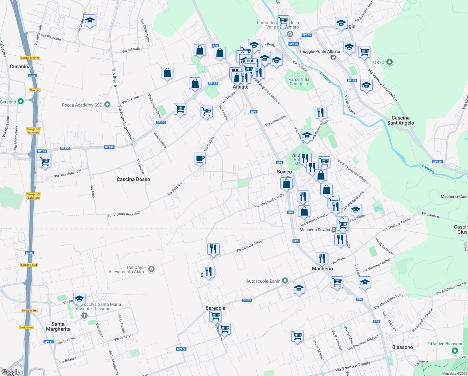 map of restaurants, bars, coffee shops, grocery stores, and more near 10 Via G. Matteotti in Sovico