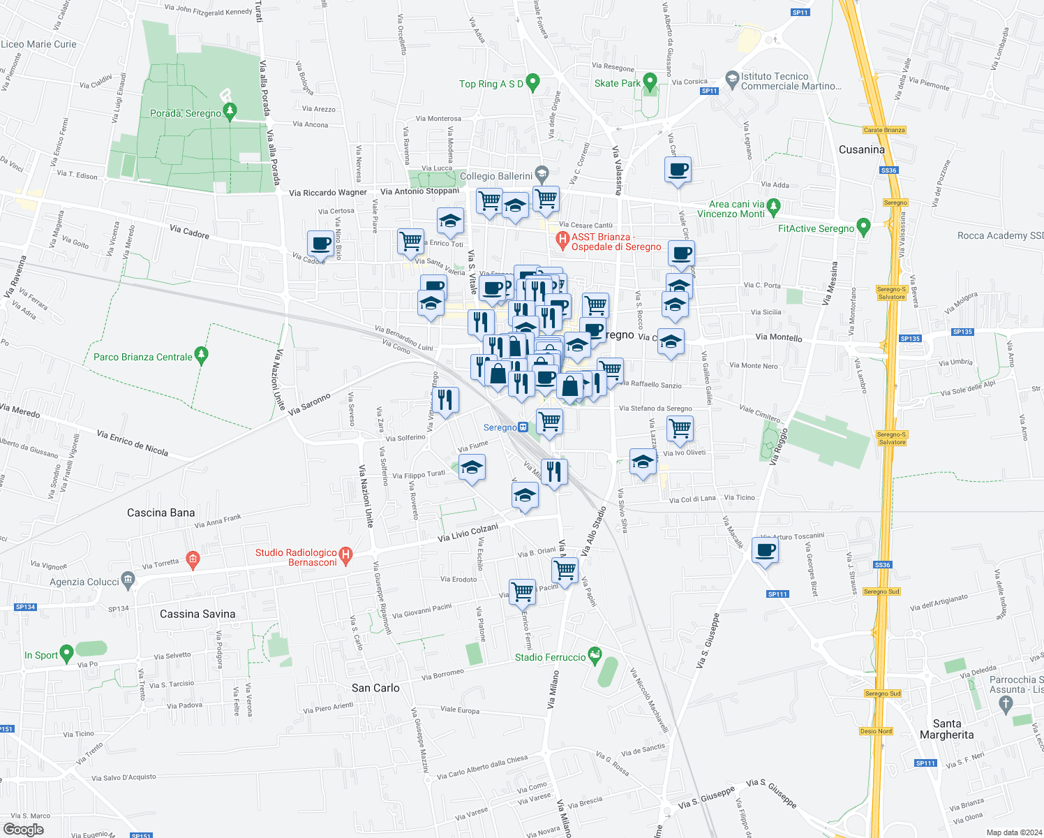 map of restaurants, bars, coffee shops, grocery stores, and more near 8 Via Papa Giovanni XXIII in Seregno