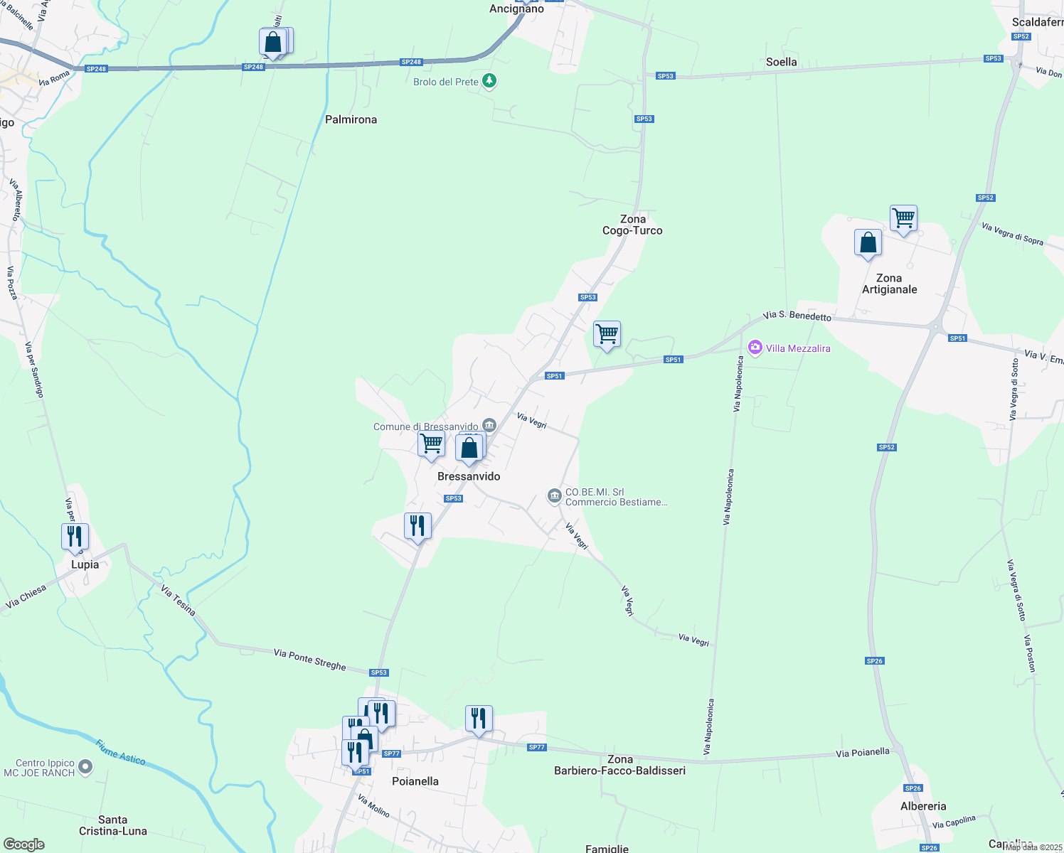 map of restaurants, bars, coffee shops, grocery stores, and more near 10 Via Vegri in Bressanvido