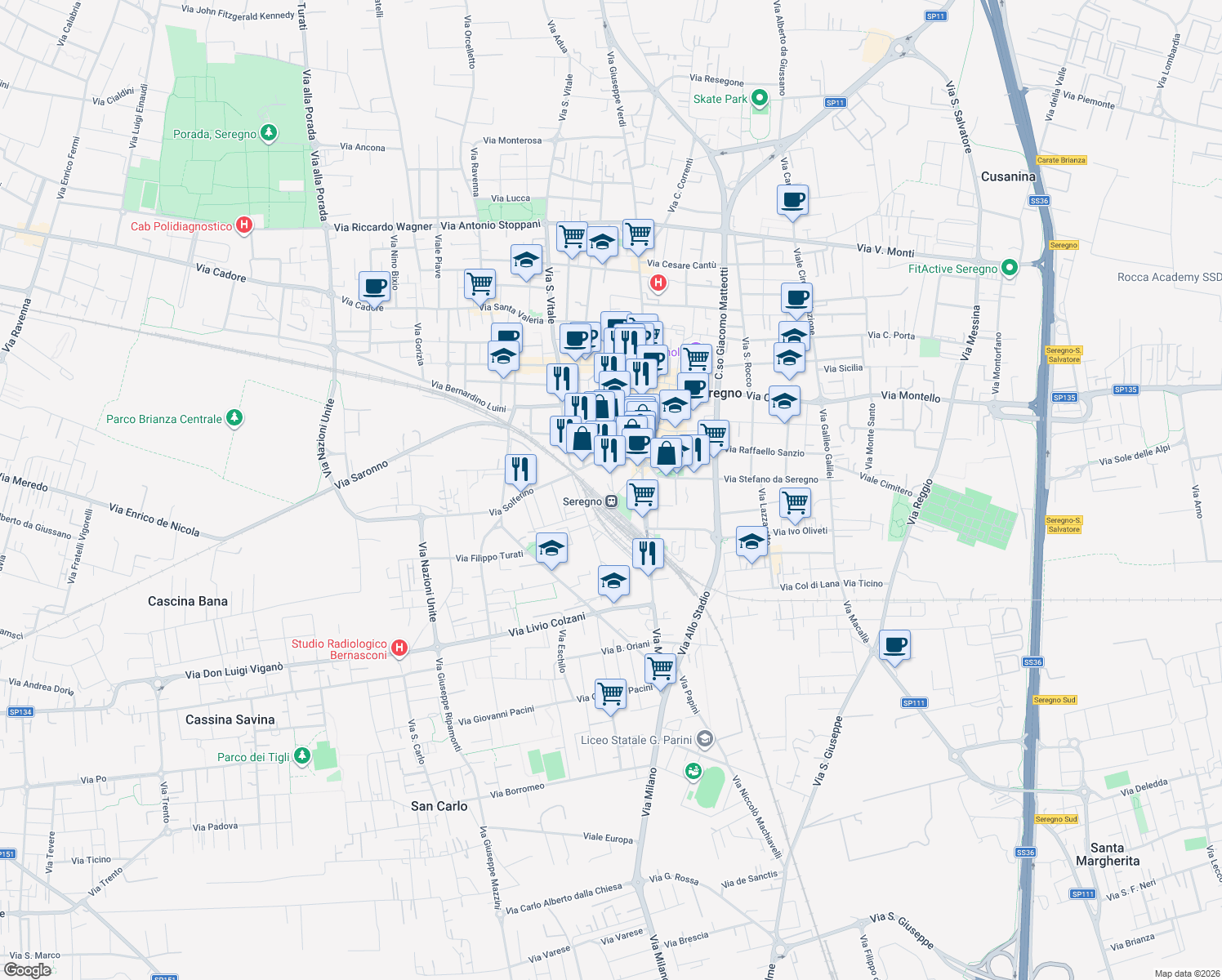 map of restaurants, bars, coffee shops, grocery stores, and more near 8 Via Papa Giovanni XXIII in Seregno