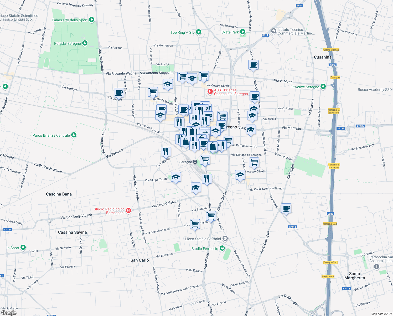 map of restaurants, bars, coffee shops, grocery stores, and more near 8 Via Papa Giovanni XXIII in Seregno