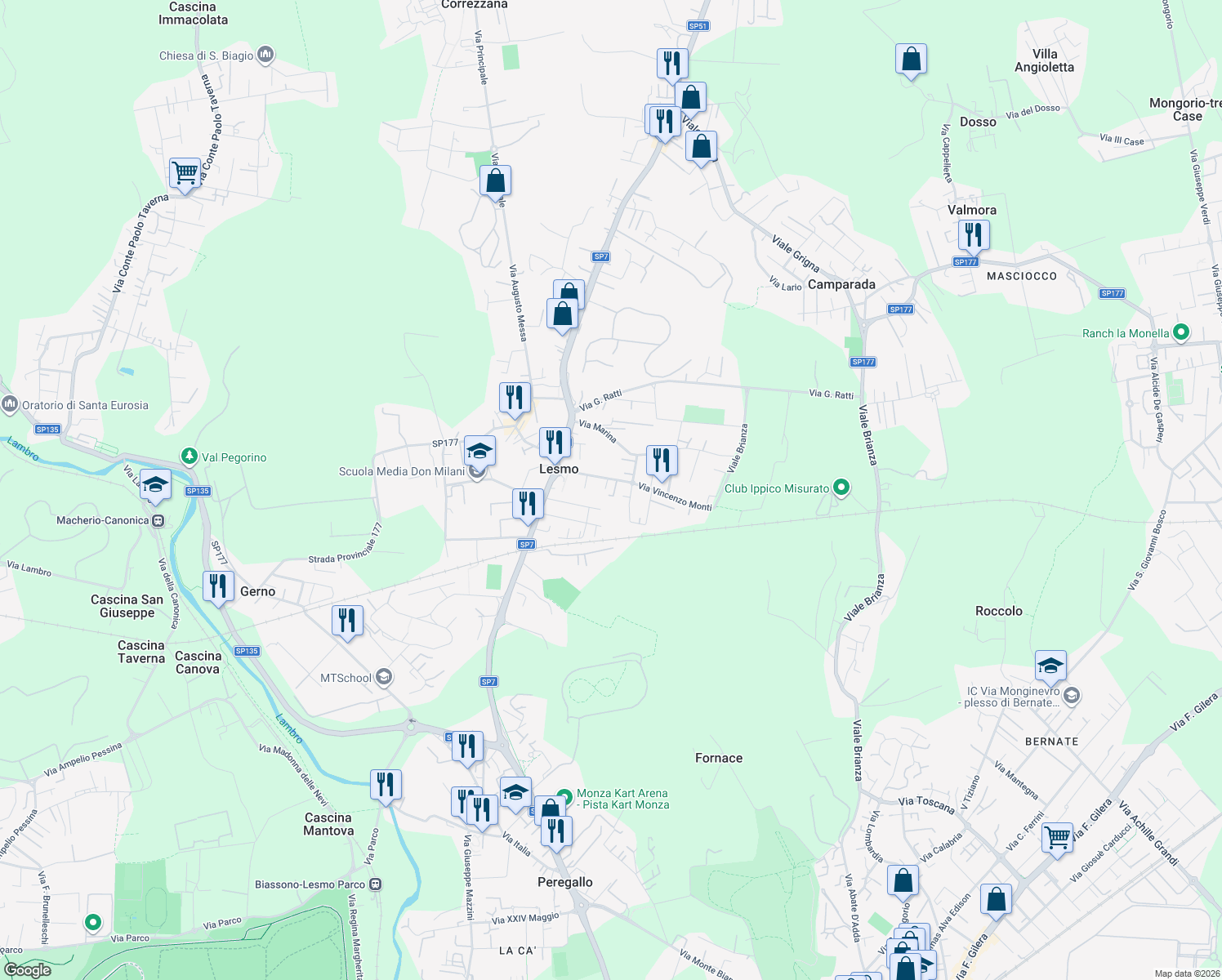 map of restaurants, bars, coffee shops, grocery stores, and more near 26 Via Vincenzo Monti in Lesmo