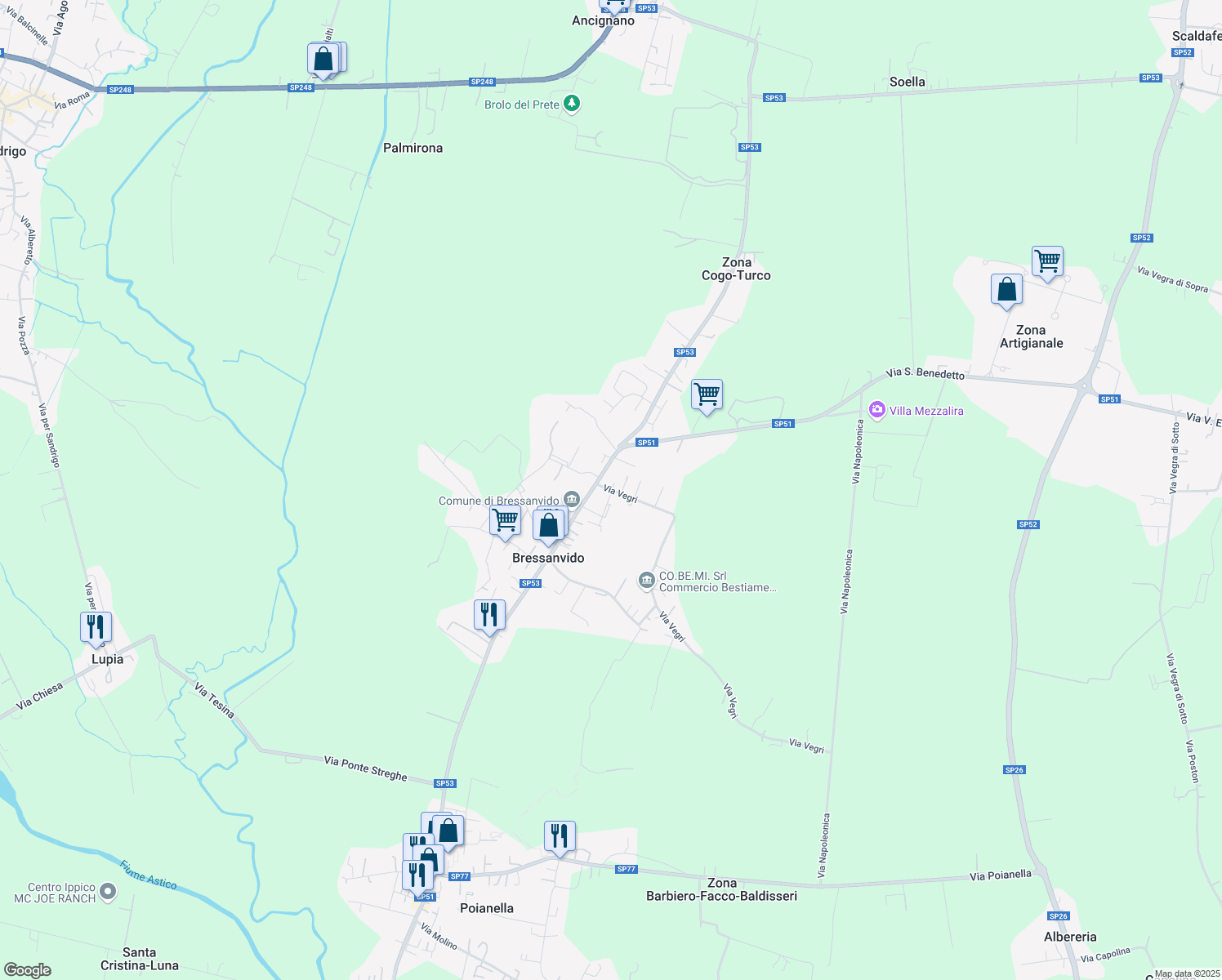 map of restaurants, bars, coffee shops, grocery stores, and more near 10 Via Vegri in Bressanvido