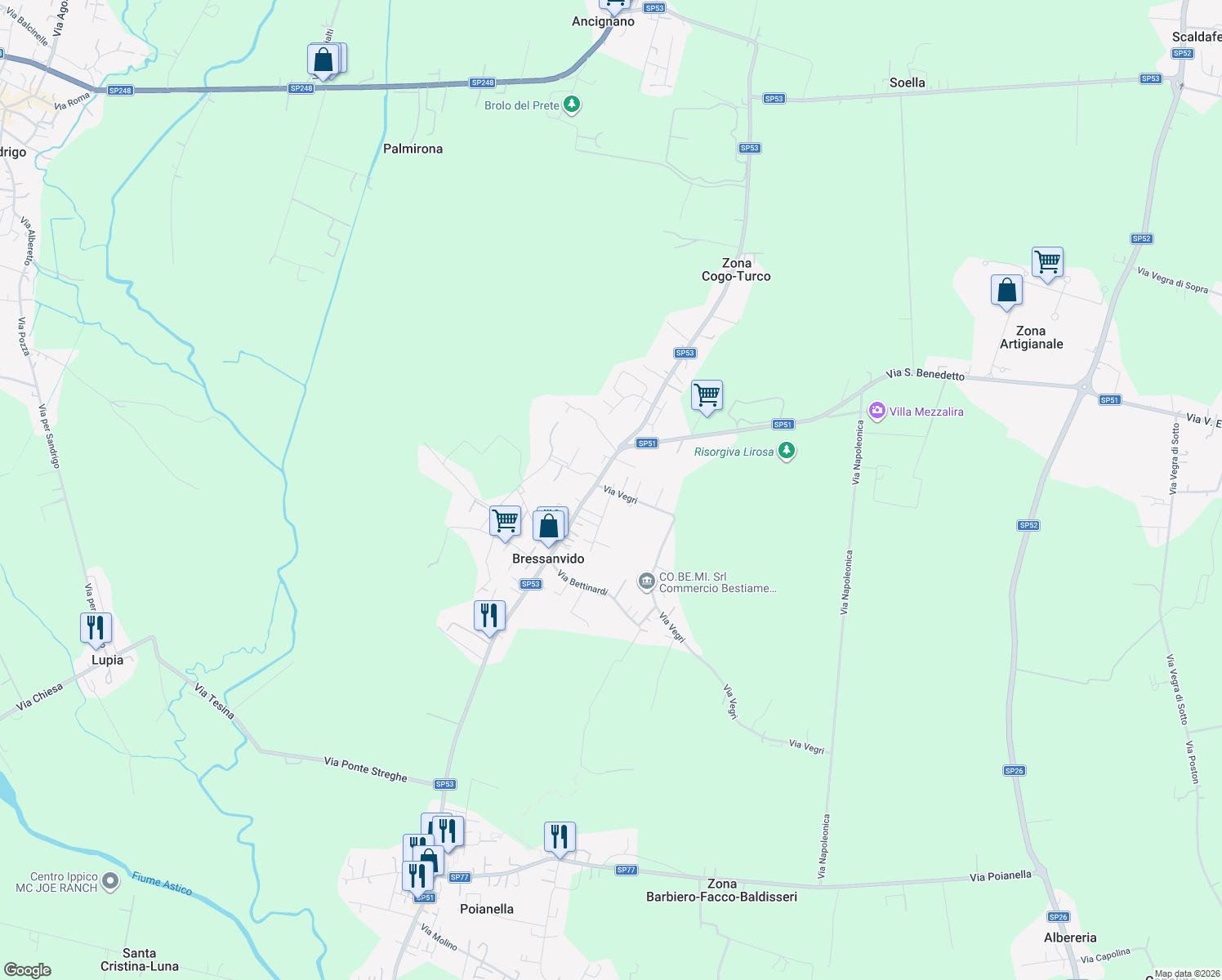 map of restaurants, bars, coffee shops, grocery stores, and more near 10 Via Vegri in Bressanvido