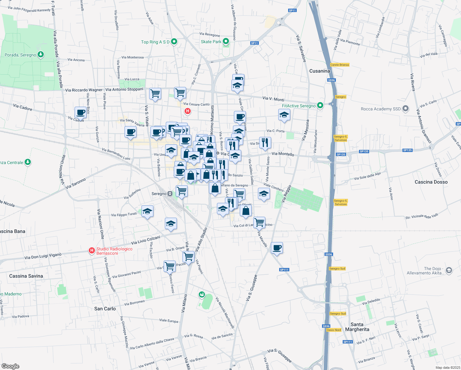 map of restaurants, bars, coffee shops, grocery stores, and more near 61 Via Stefano da Seregno in Seregno
